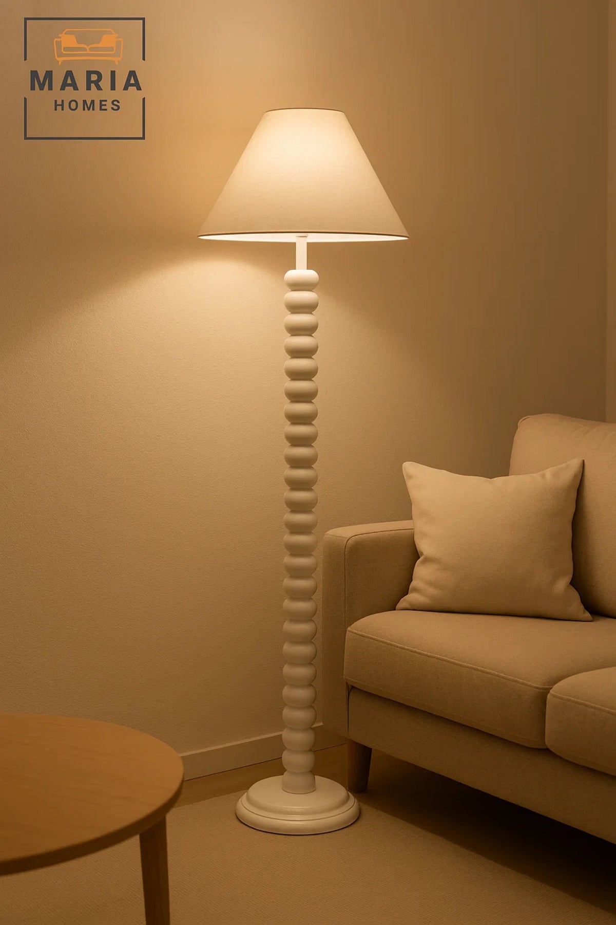 Glossy White Floor Lamp with Beaded Stand and Cone Shade