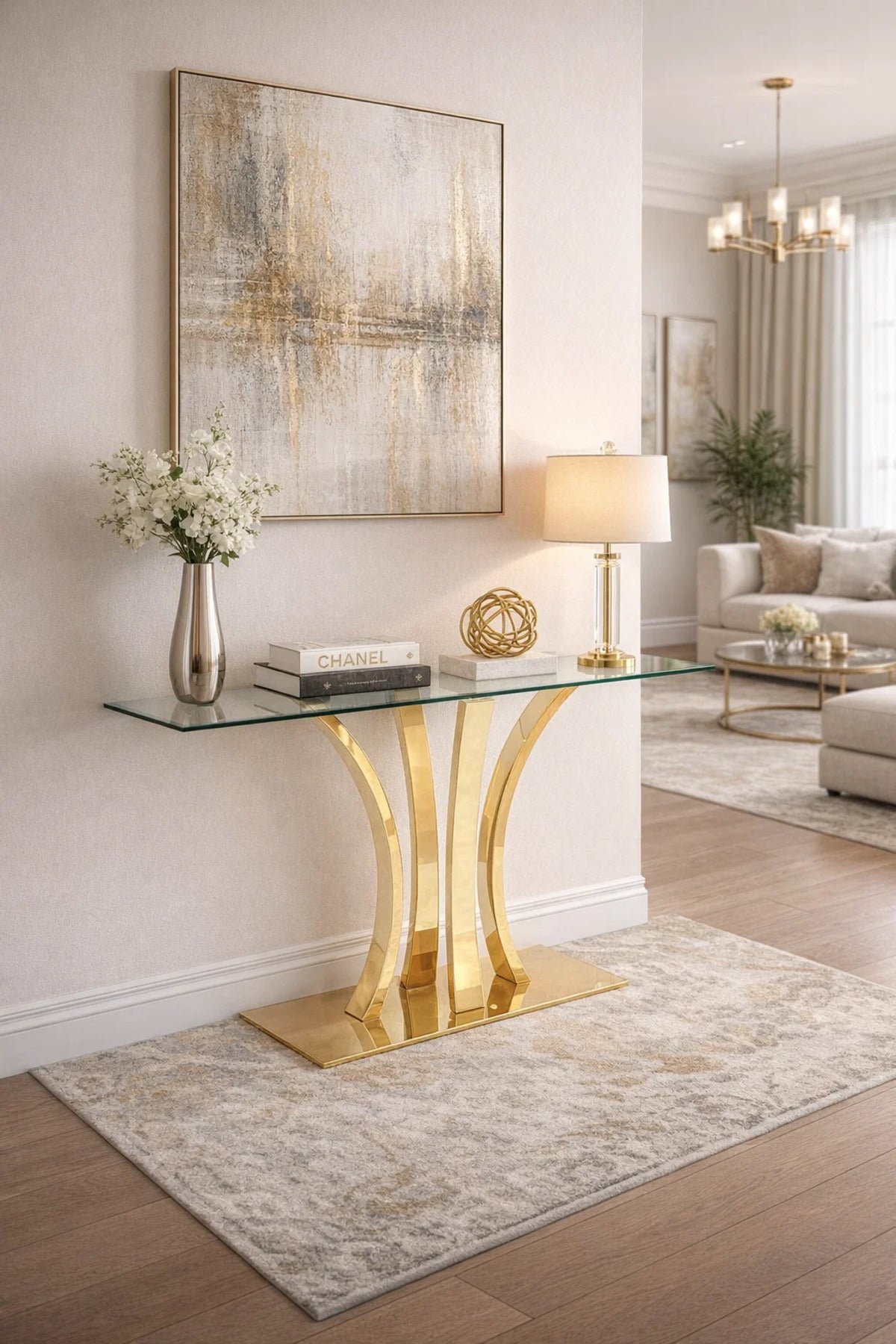 Luxury Gold Metal Console Table with Glass Top Modern Entryway Furniture for Hallway Living Room