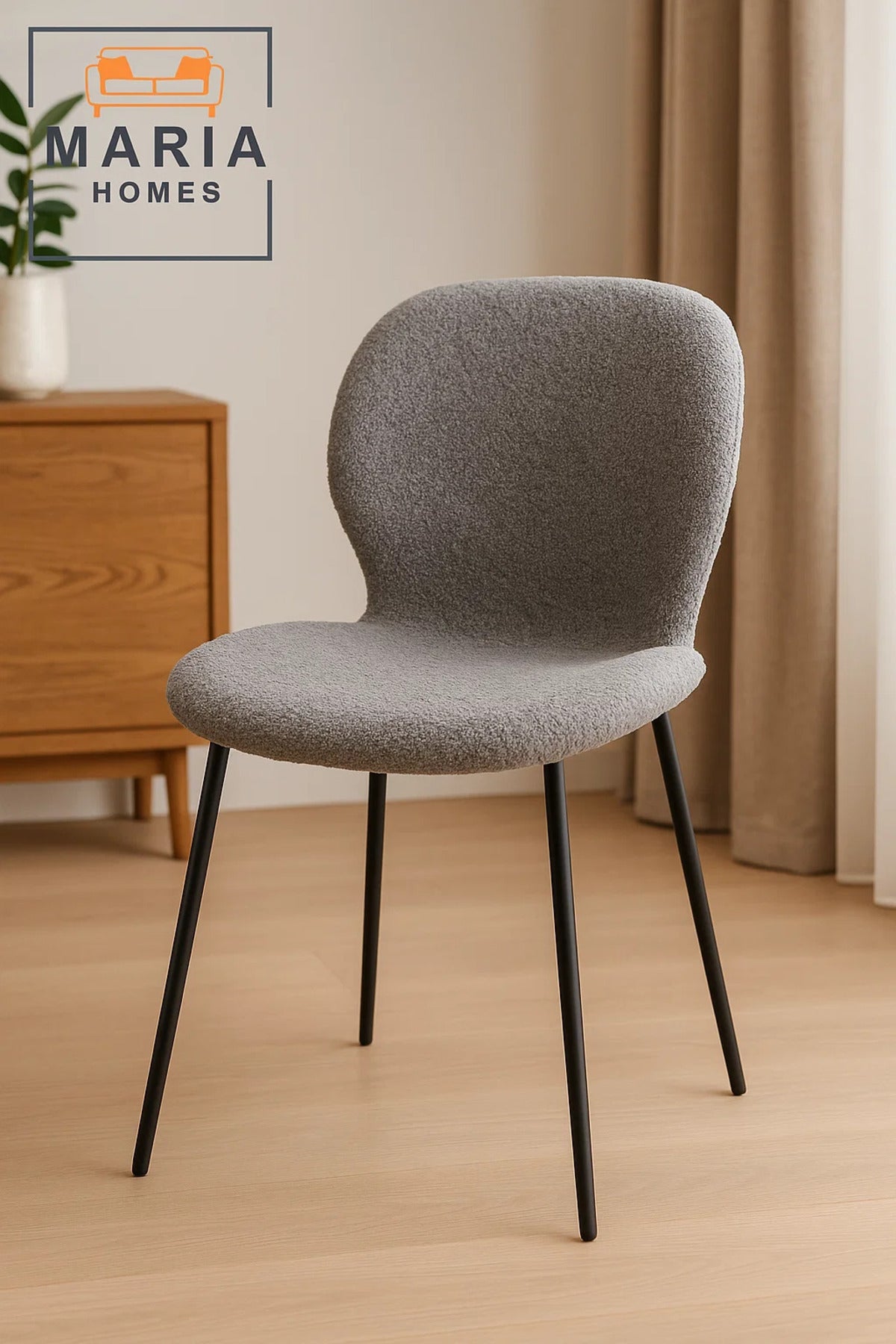 Grey BouclŽ Fabric Dining Chair Ð Cozy Upholstered Seat with Black Metal Legs for Home or Office