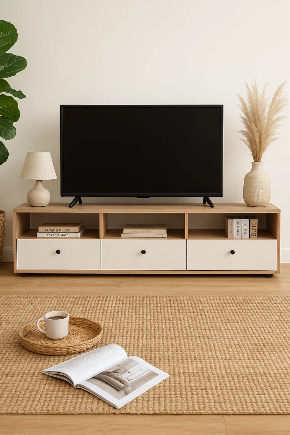 Modern Low-Profile TV Stand in Wood & White Finish Ð 160x40x40 cm Storage Console