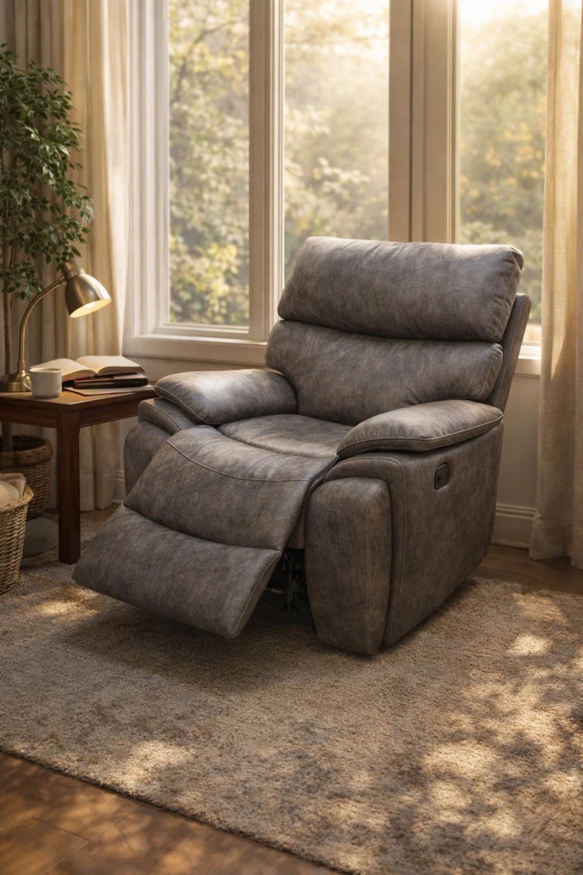 Luxury Dark Grey Single Recliner Sofa Chair with Cup Holder and Manual Mechanism for Living Room Use
