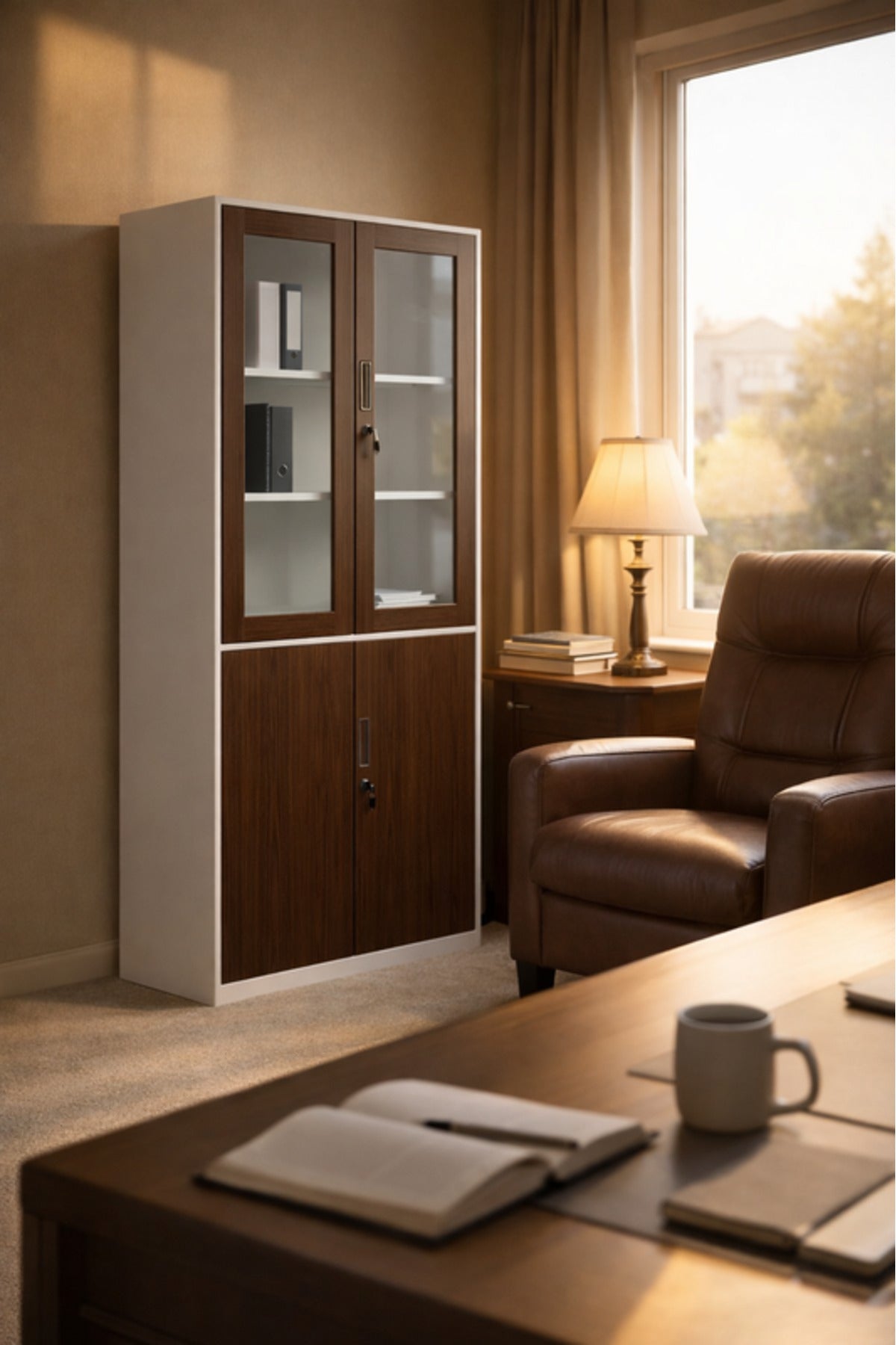 Modern Steel Office Wardrobe Cabinet Glass Doors Brown & White 185cm High Storage Organizer Unit