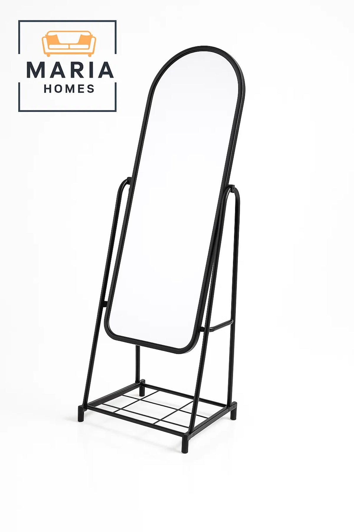 White Arched Full-Length Mirror with Rolling Frame and Storage Rack