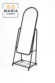 White Arched Full-Length Mirror with Rolling Frame and Storage Rack