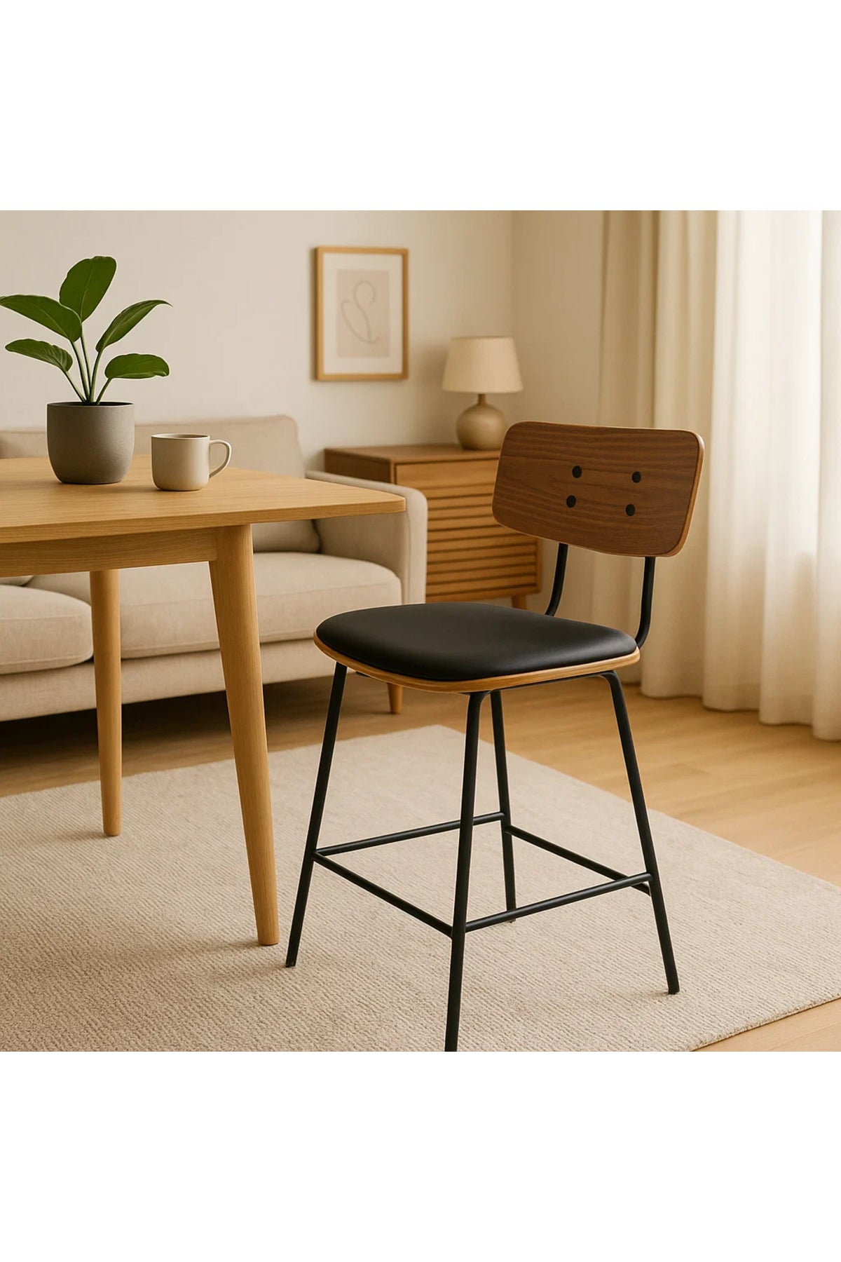 Mid-Century Modern Bar Stool with Wooden Backrest and Black Metal Legs Ð Stylish Seating Solution