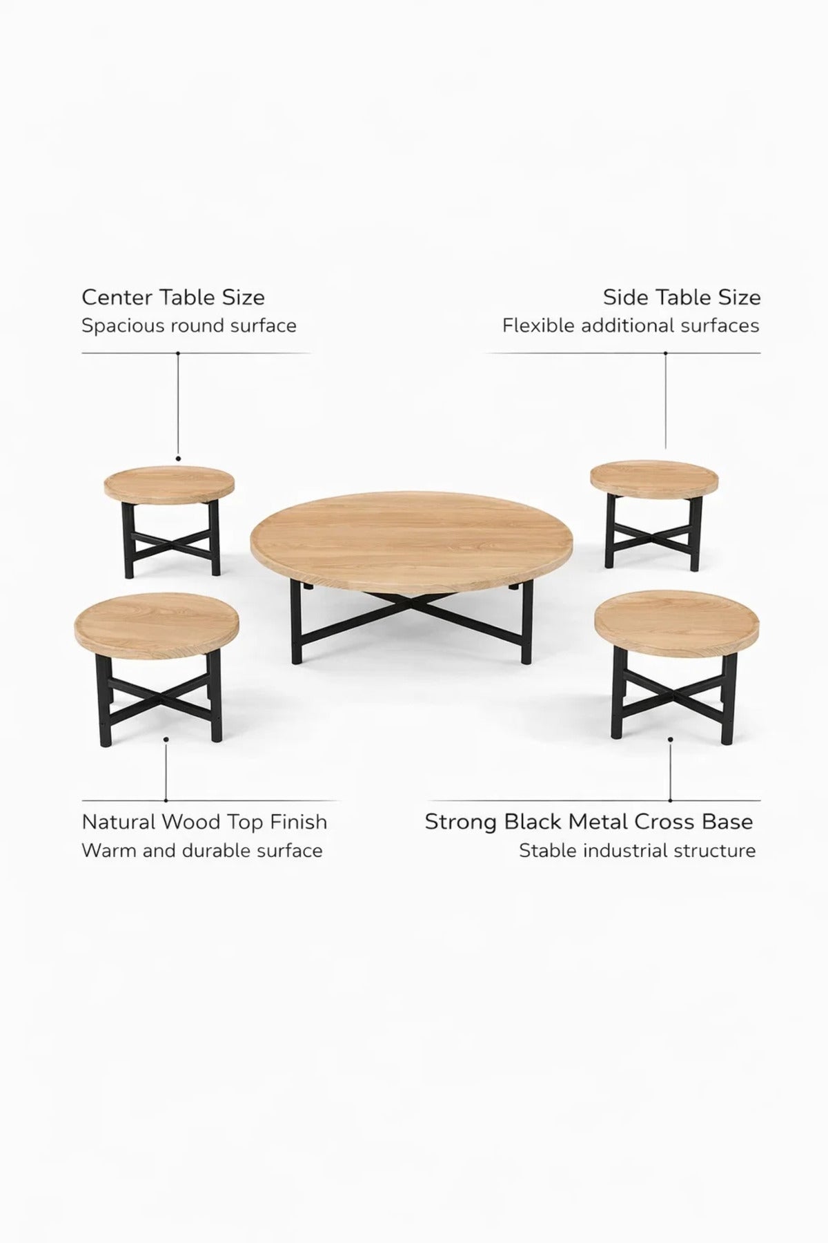Modern Round Wood Center Table Set 1+4 with Black Metal Legs for Stylish Living Room Floor Use