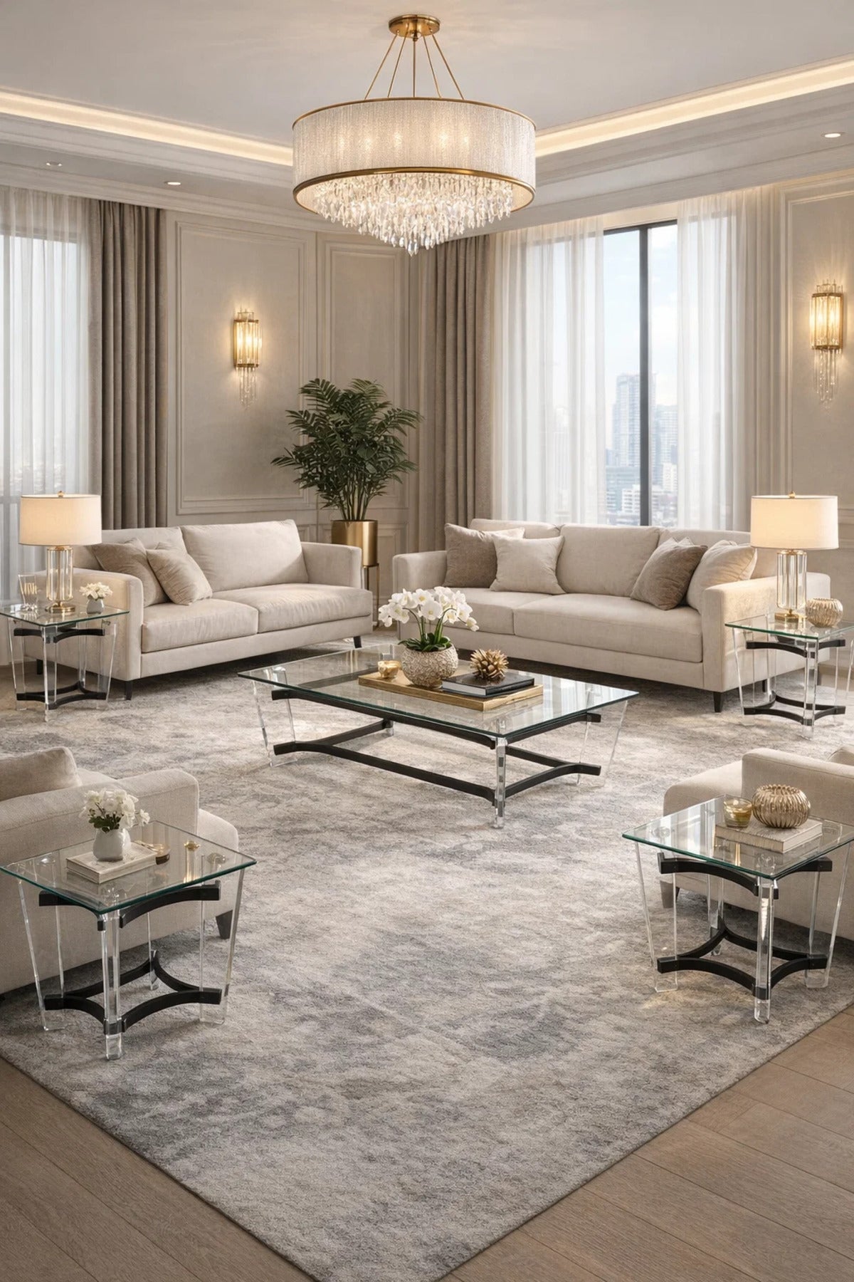 Modern 5-Piece Glass Coffee Table Set with Black Acrylic Base √ê Contemporary Living Room Set