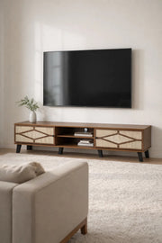 Modern Wooden TV Stand Dark Brown with Beige Stone Pattern 160 x 40 x 43 cm