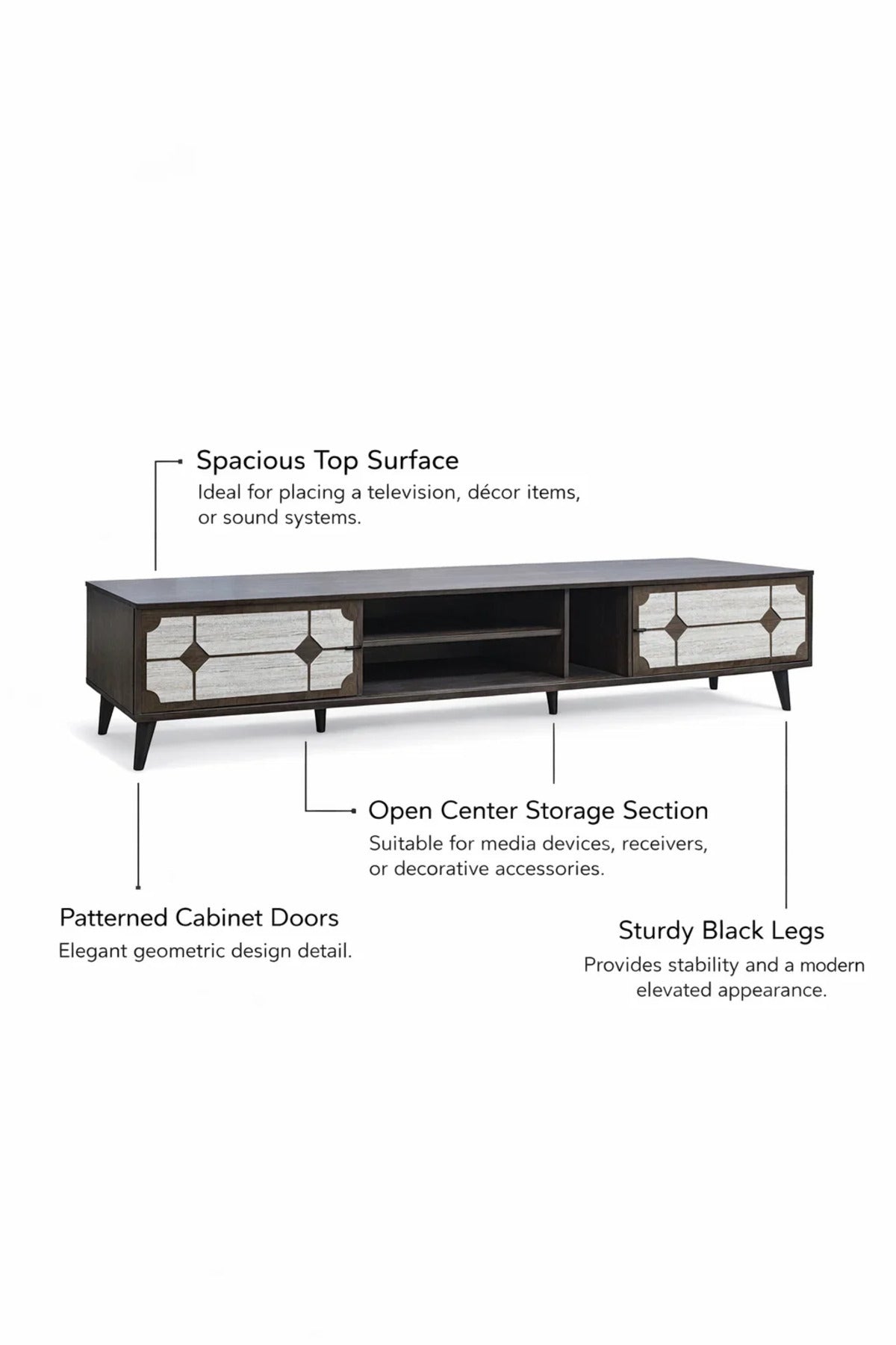 Modern Brown TV Unit 200cm Wide with White Patterned Doors and Open Shelves for Stylish Living Rooms