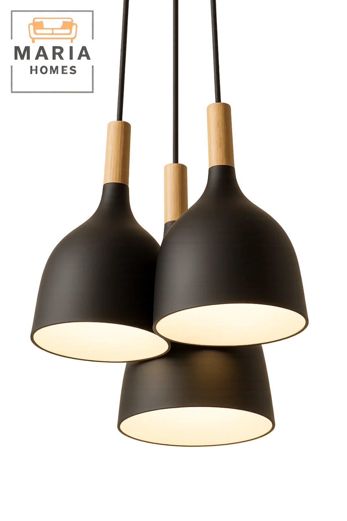 Triple Matte Black Pendant Light with Wood Accent