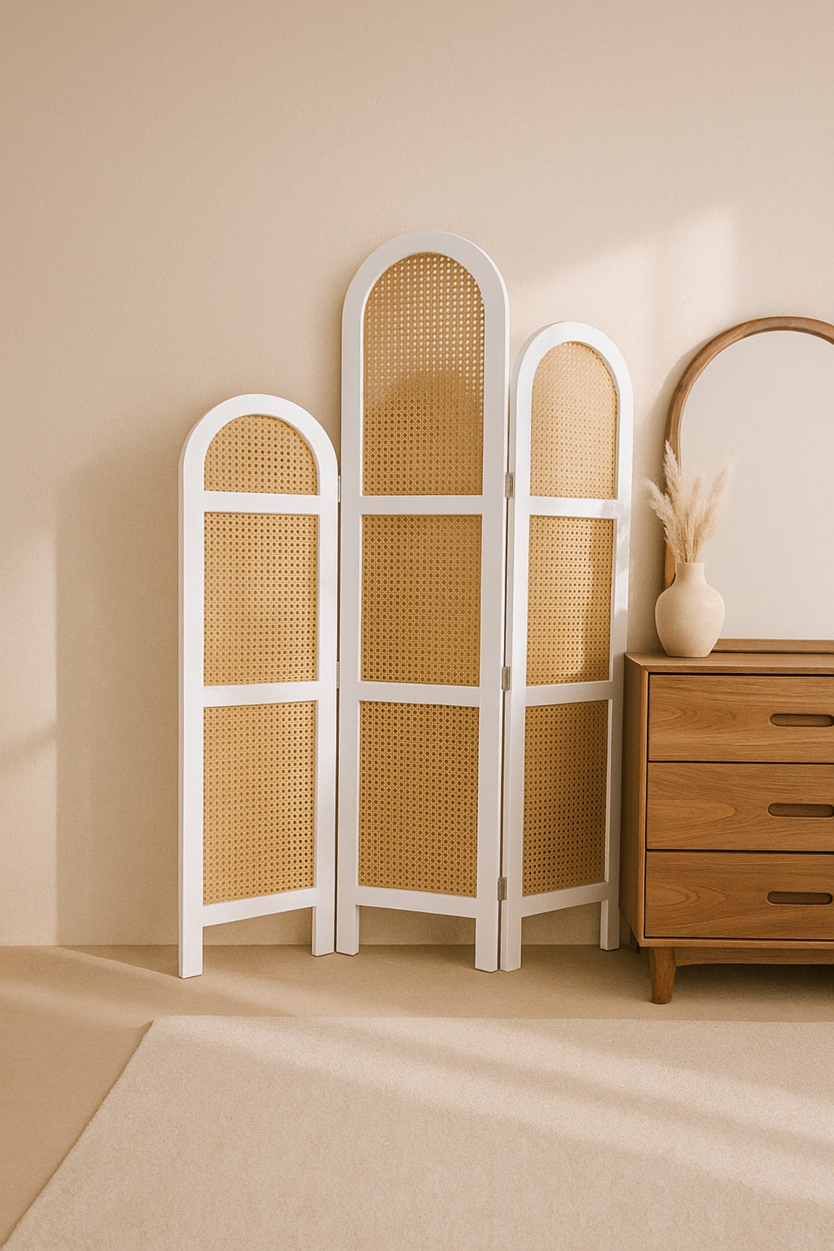 3-Panel Rattan Room Divider with White Frame √ê 121_180 cm Modern Arched Privacy Screen