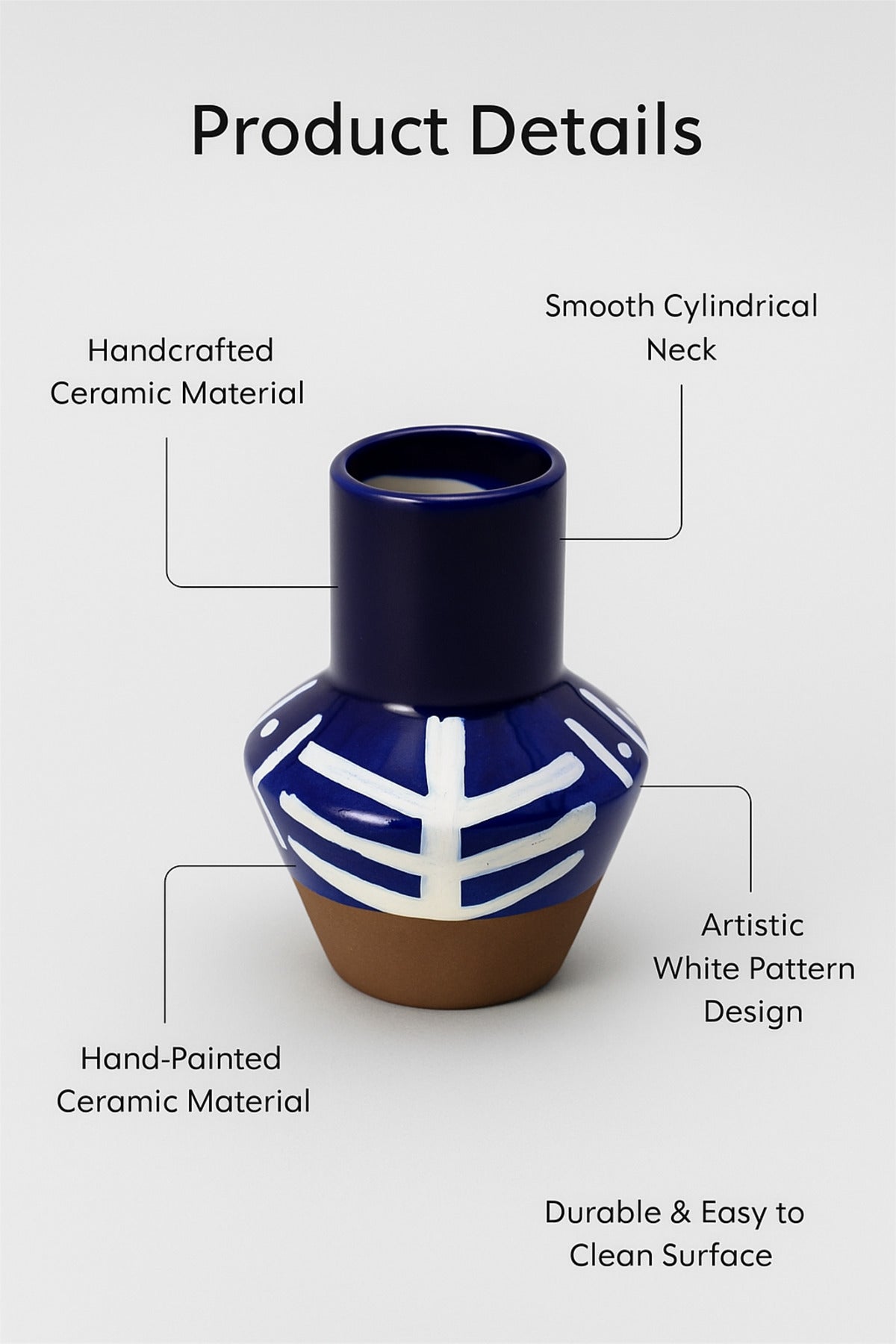 Dark Blue and White Ceramic Vase Ð Narrow Neck Geometric Decorative Vase