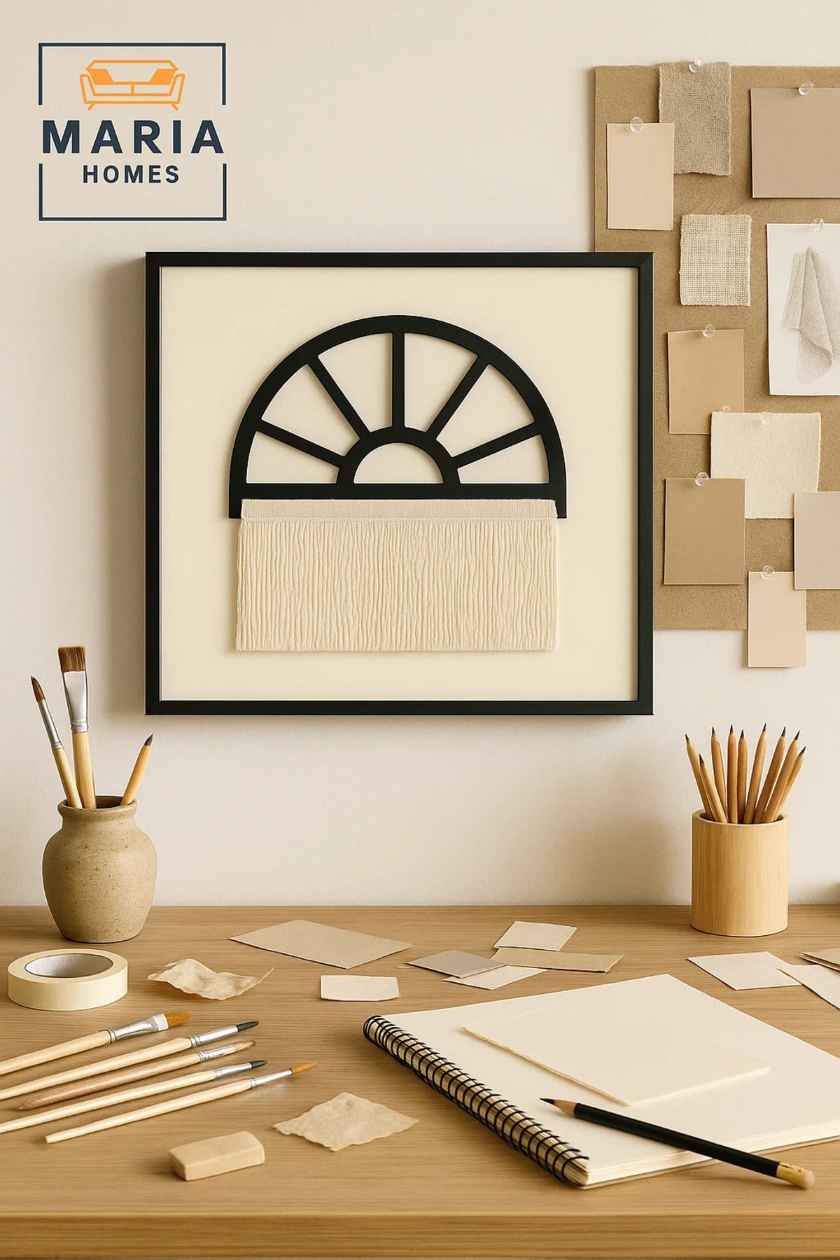 Semi-Circle Fringe Wall Art with Black Frame and Cream Textured Detailing-size 120*120*4 CM