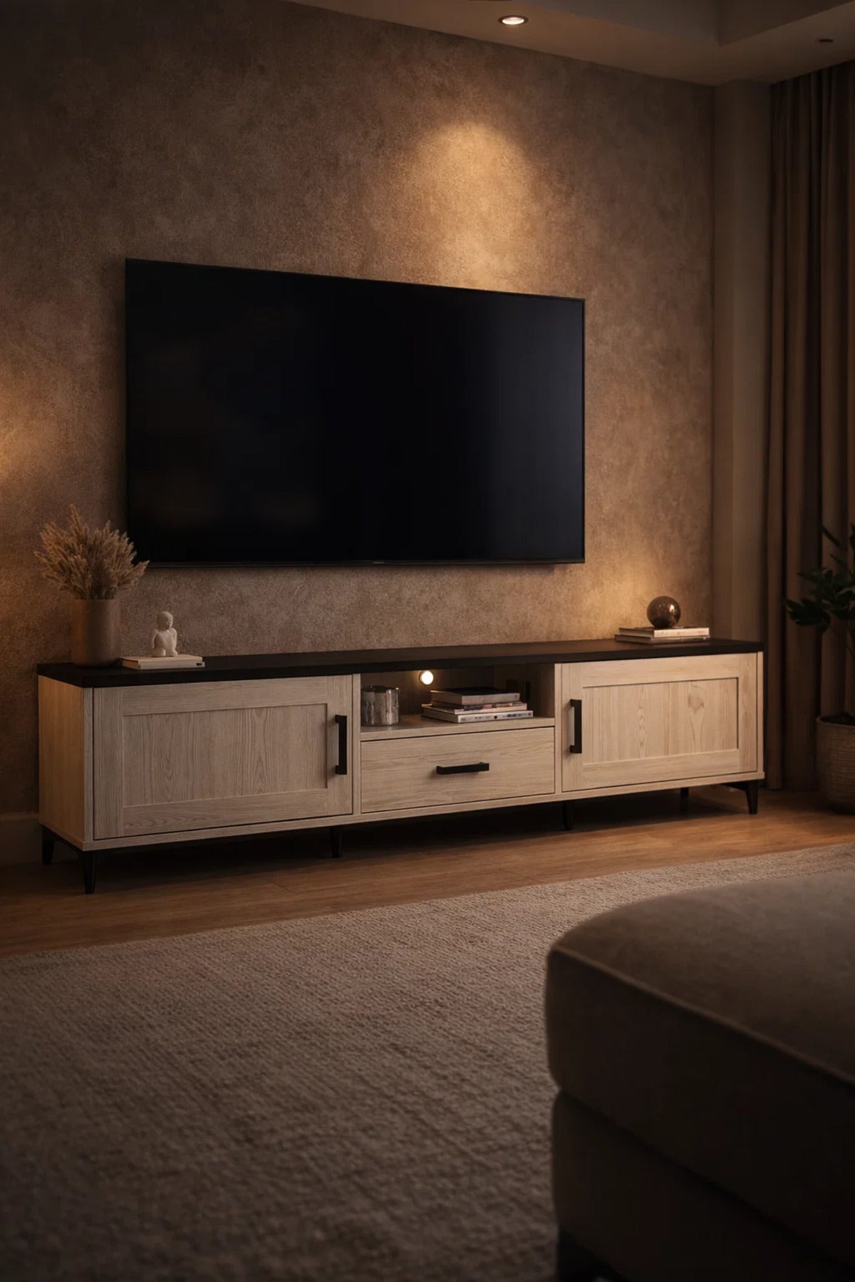 White Oak TV Stand √ê 180x40x50 cm Modern Wooden Plasma Table with Cabinets & Drawer