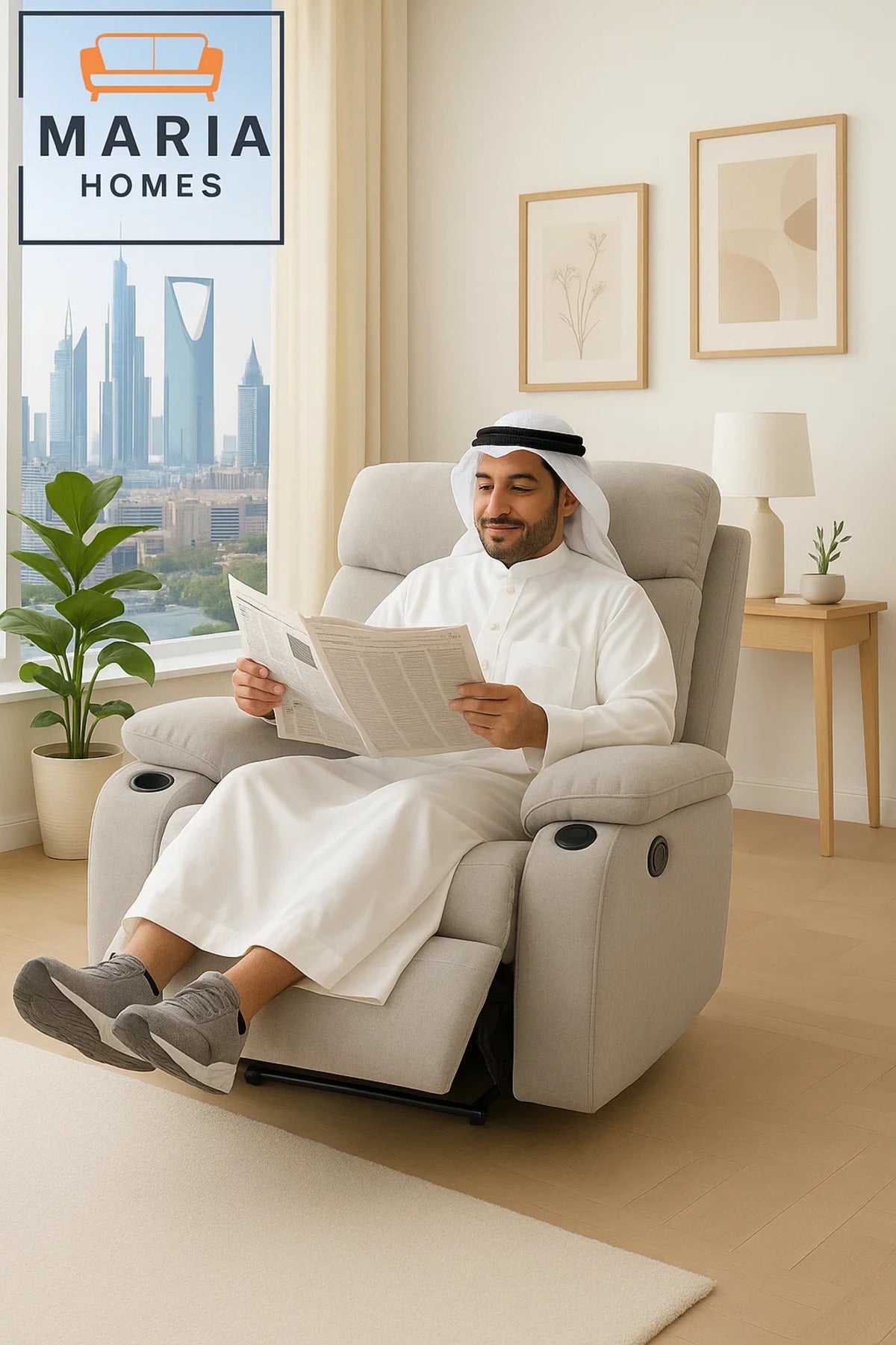Recliner Chair with Cup Holders Ð Beige Fabric Lounge Chair with Adjustable Footrest