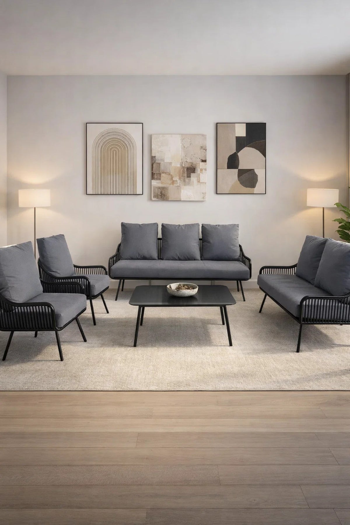 Black and Grey 7Piece Sofa Set with Glass Coffee Table Modern Seating for Indoor or Outdoor Spaces