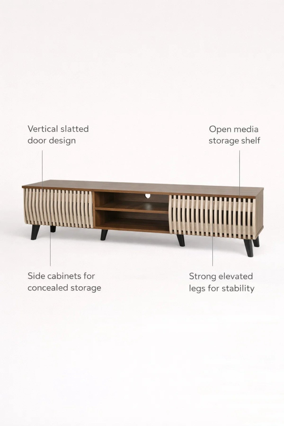 Modern Wooden TV Stand Dark Brown with Beige Slatted Design 180 x 40 x 43 cm