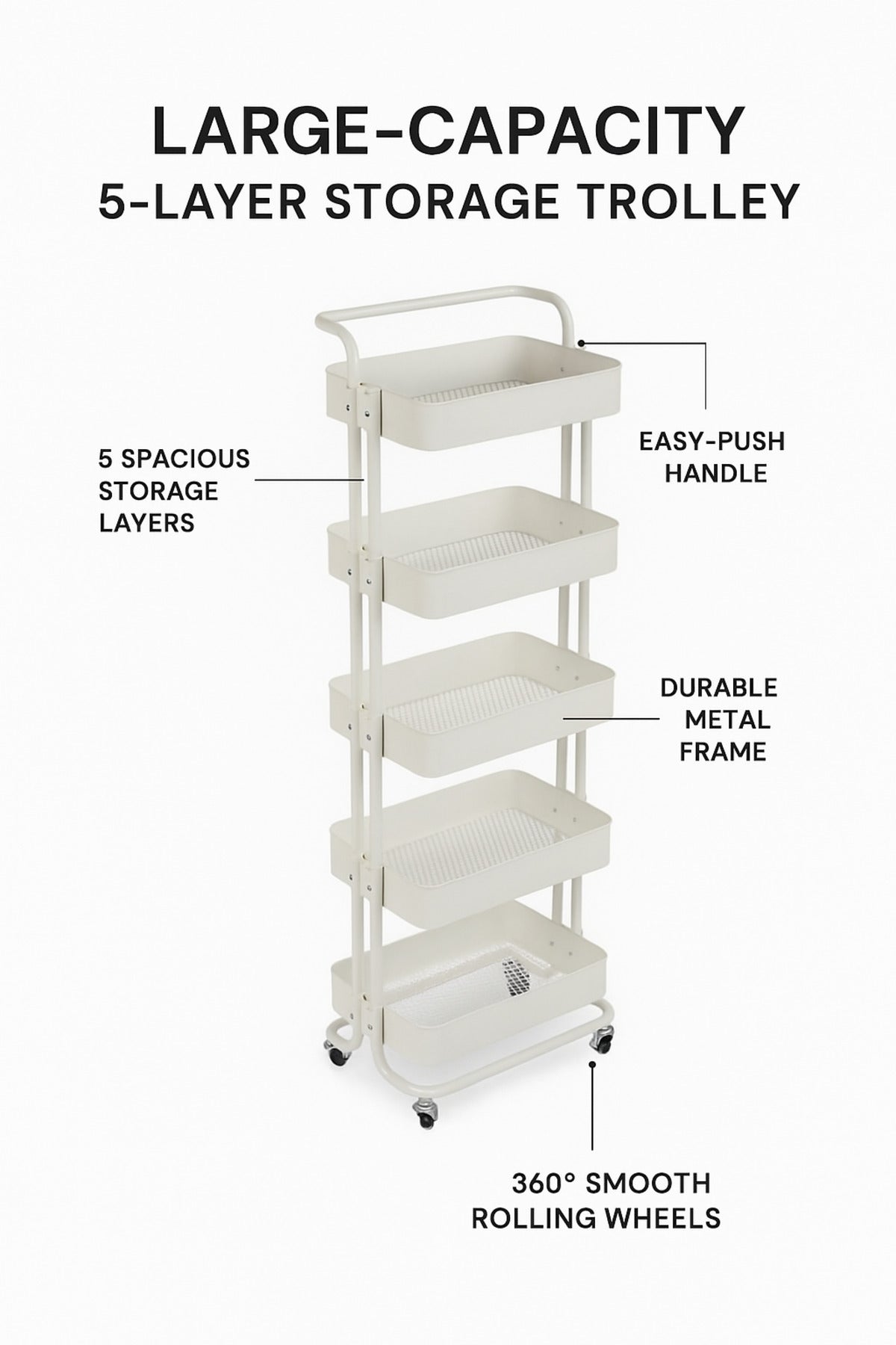 5-Layer White Metal Storage Trolley with Wheels Ð Tall Multi-Purpose Organizer Cart