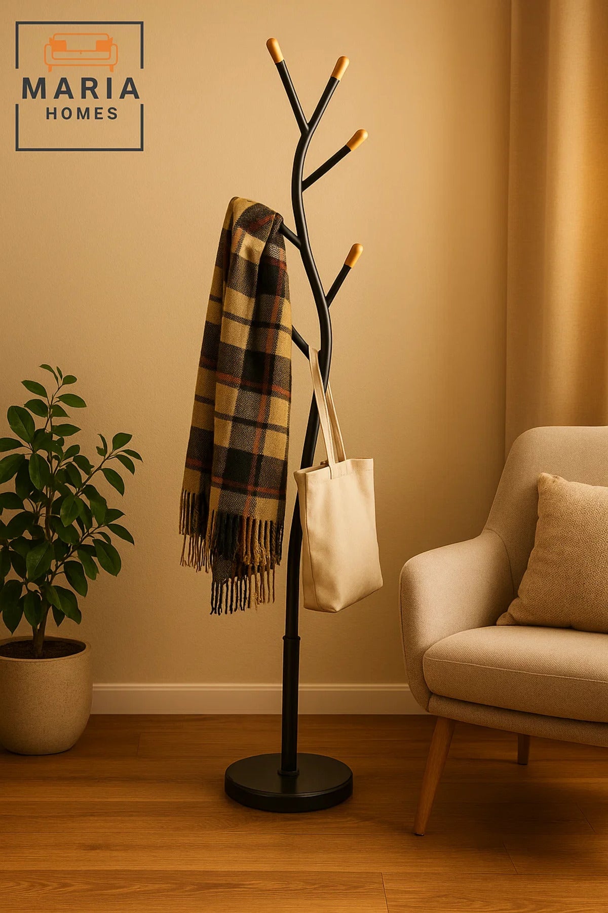 Black Tree-Shaped Metal Coat Rack with Wooden Hook Tips
