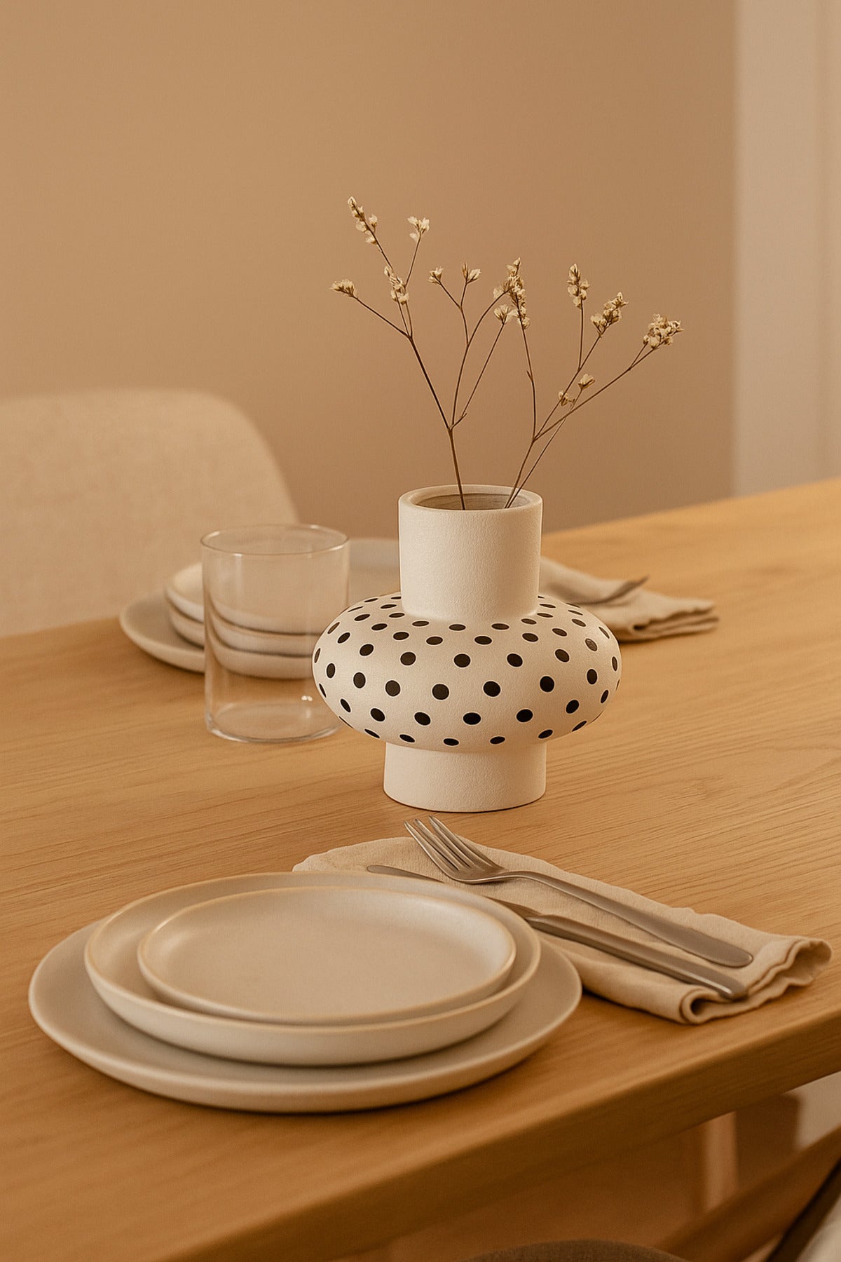 Natural White Ceramic Vase with Black Dots Ð Wide Round Modern Decorative Vase