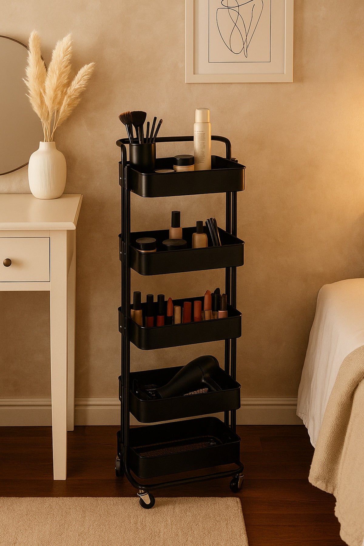 5-Layer Black Metal Storage Trolley with Wheels Ð Tall Multi-Purpose Rolling Organizer Cart