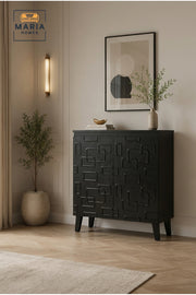 Modern Black Accent Storage Cabinet with Geometric Embossed Doors Ð Contemporary Side Cabinet for Living Room & Entryway