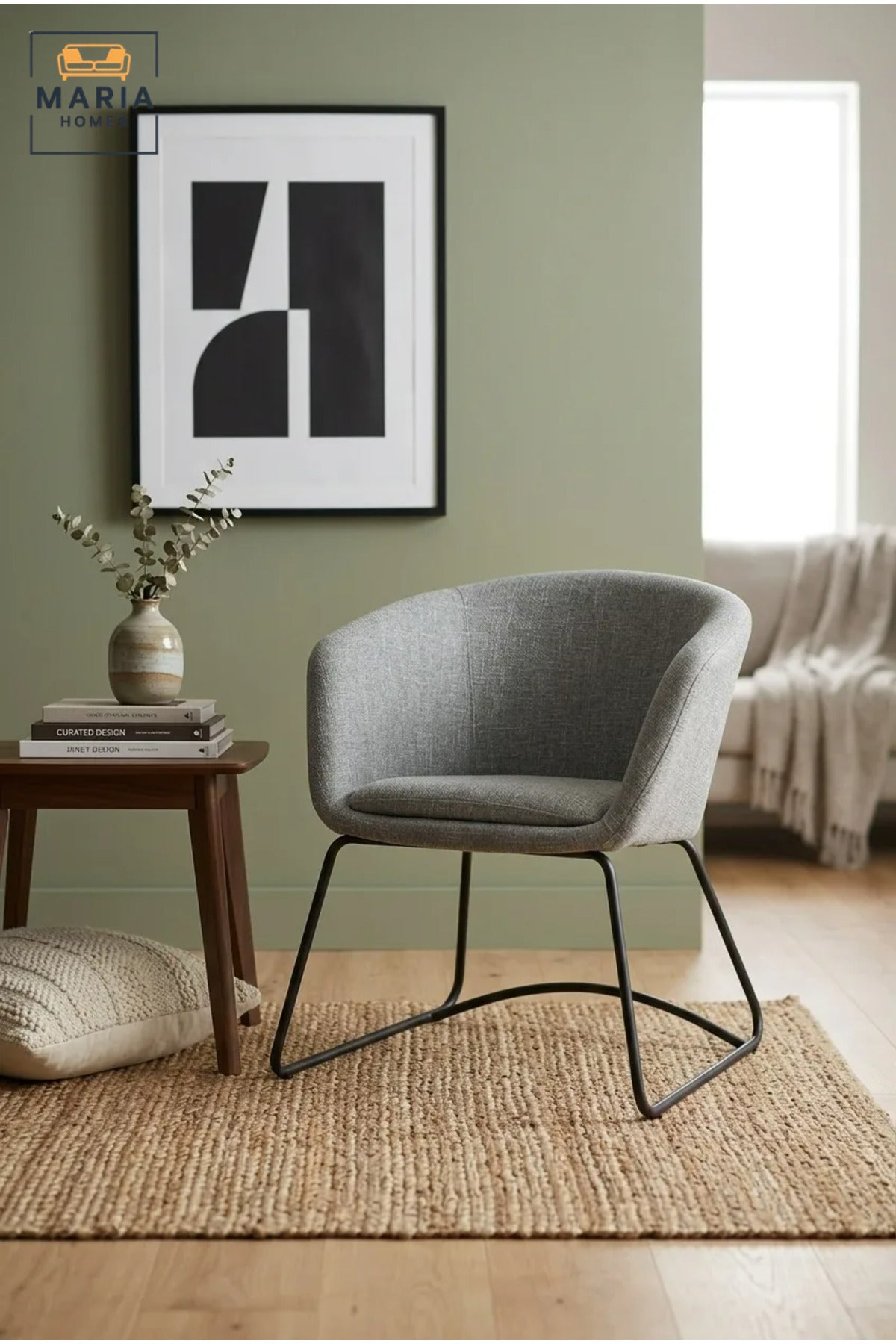 Modern Grey Upholstered Accent Armchair – Contemporary Fabric Lounge Chair with Metal Legs for Living Room & Office