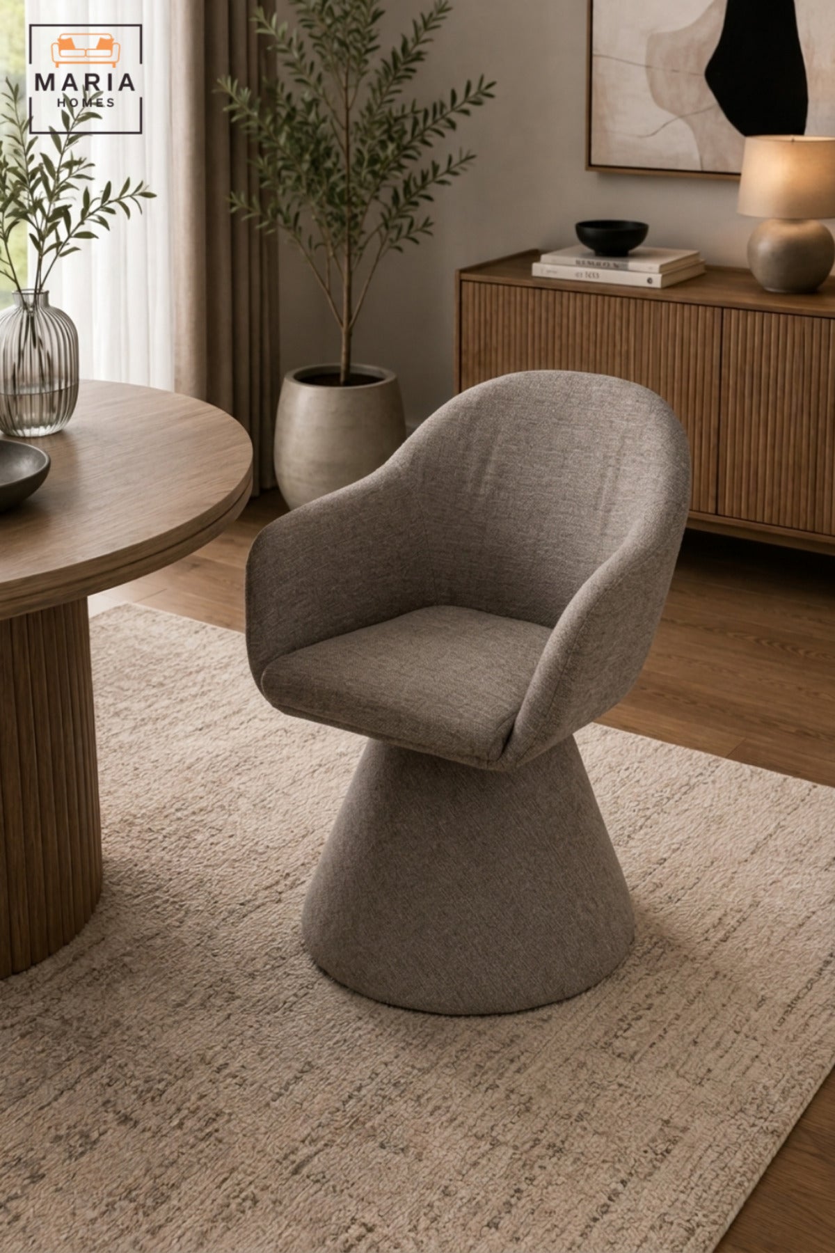 Modern 360° Swivel Dining Chair with Curved Backrest, Integrated Armrests, Upholstered Seat & Sculptural Pedestal Base for Dining Room