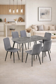 Stylish 7 Piece Dining Room Set Grey Stone Look Table 6 Fabric Chairs Metal Legs 150x90cm