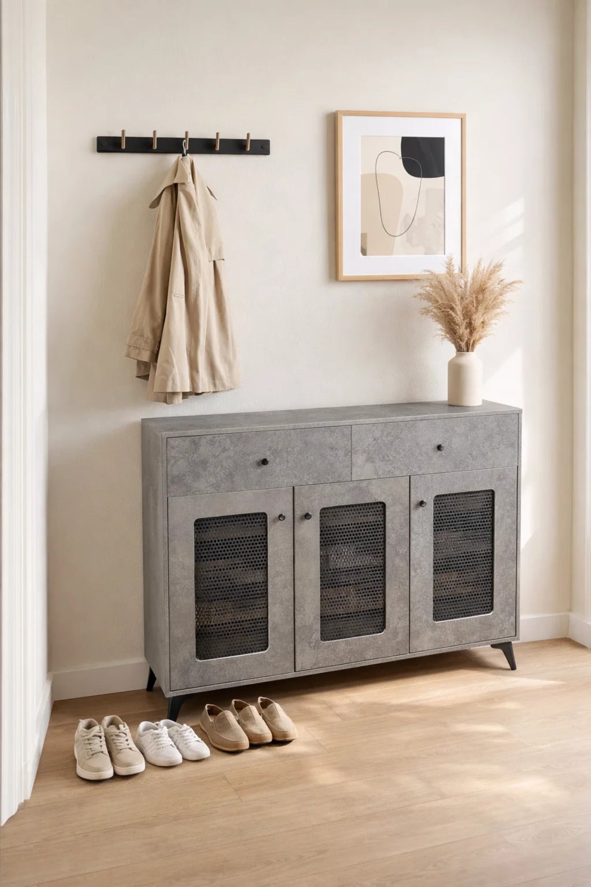 Modern Grey Shoe Cabinet with Three Mesh Doors and Two Drawers Storage Sideboard 120cm Wide
