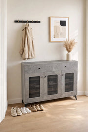 Modern Grey Shoe Cabinet with Three Mesh Doors and Two Drawers Storage Sideboard 120cm Wide