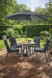 Modern 4 Seater Garden Dining Set with Parasol and Round Table Dark Grey Outdoor Patio Furniture