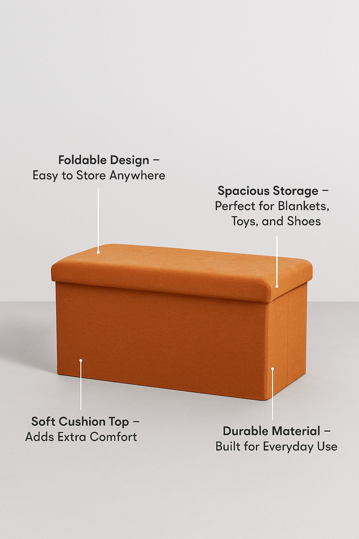 Orange Foldable Storage Ottoman Bench 76_38_38 cm Ð Stylish Fabric Seat with Hidden Storage Box
