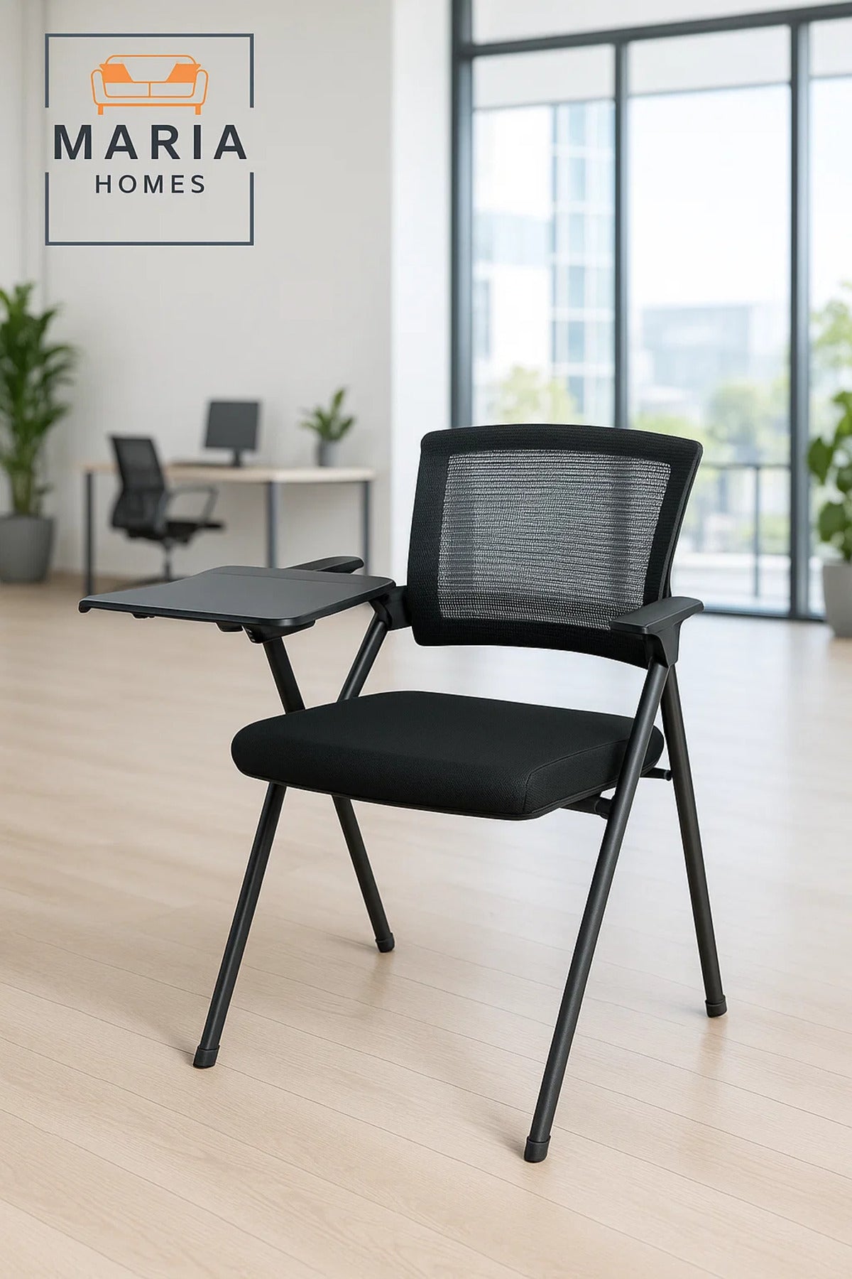Black Training Chair with Foldable Writing Pad and Mesh Back Ð Stackable Design