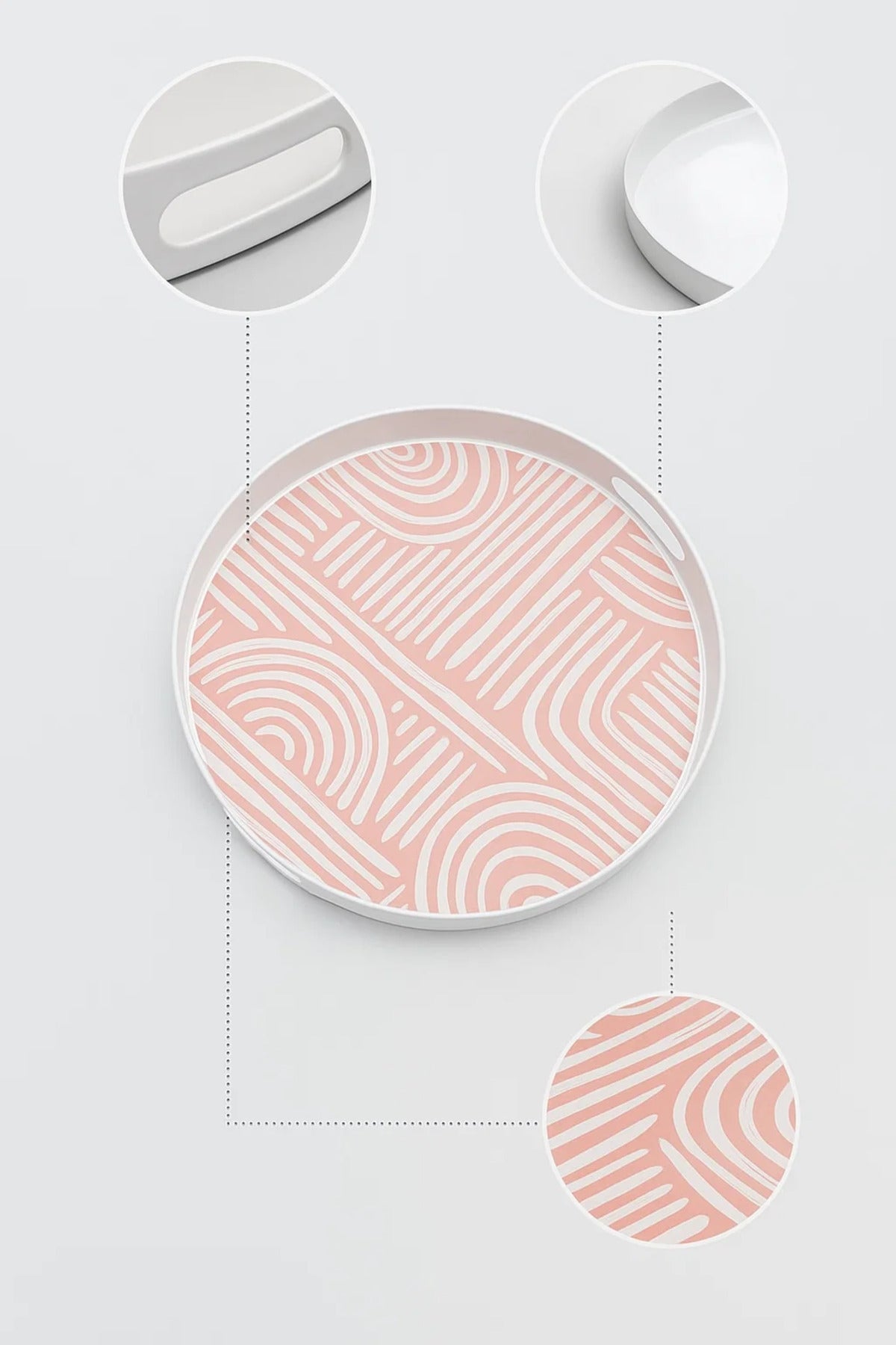 Round Plastic Serving Tray with Pink Abstract Line Pattern and Cutout Handles