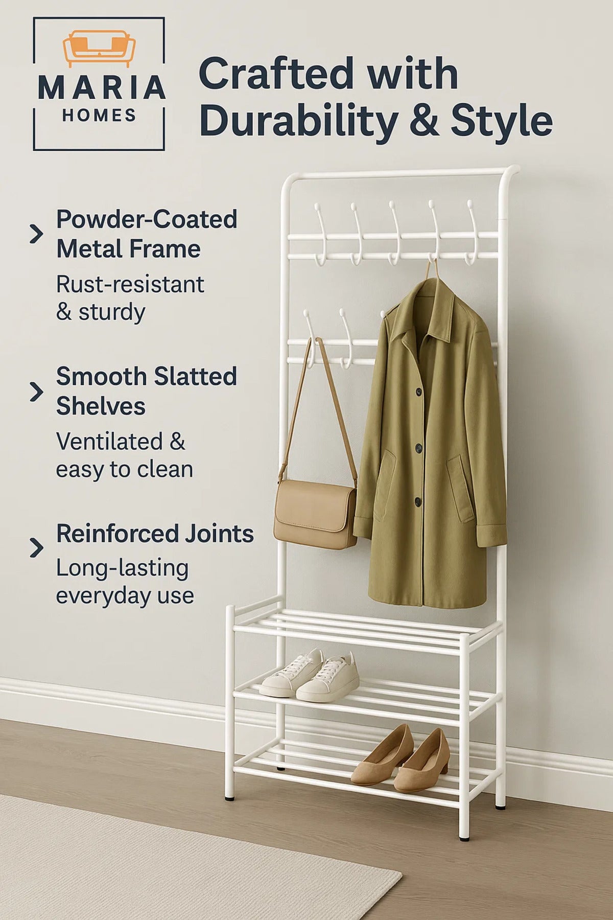 White Coat Rack with 12 Hooks & Metal Shoe Rack Ð 190x79x28 cm