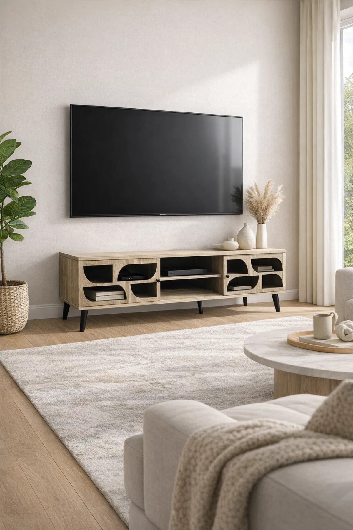 Modern Beige TV Table 160cm Wide Media Stand with Geometric Black Detail for Stylish Living Rooms