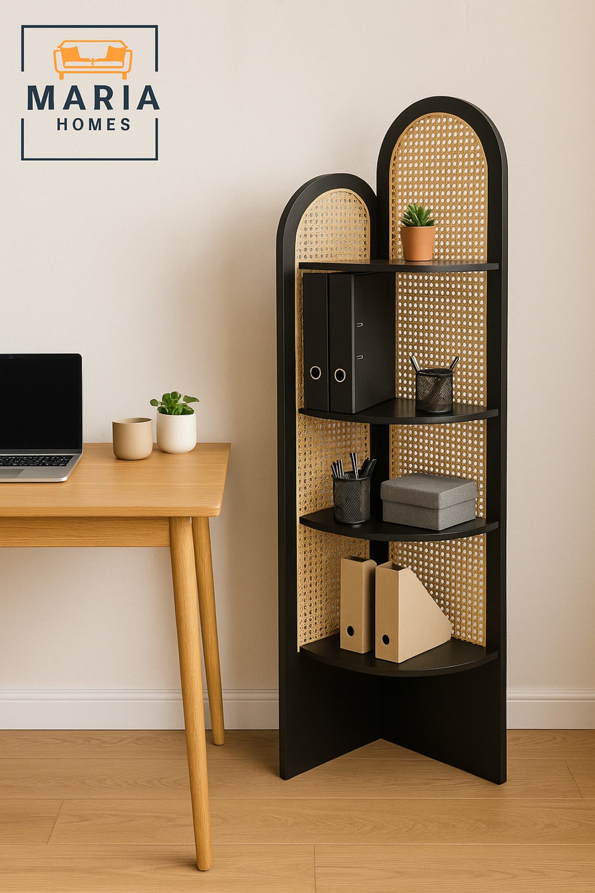 Black Rattan Corner Shelf Ð 180_40_40 cm Modern Space-Saving Display Rack