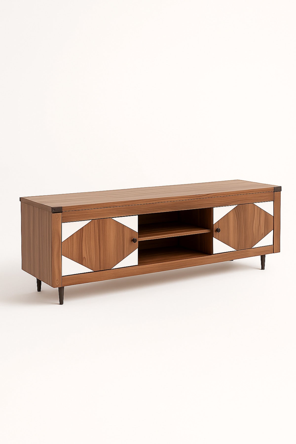 Modern Walnut TV Cabinet 160_39.5_55 cm Wooden Entertainment Unit with Geometric White Doors