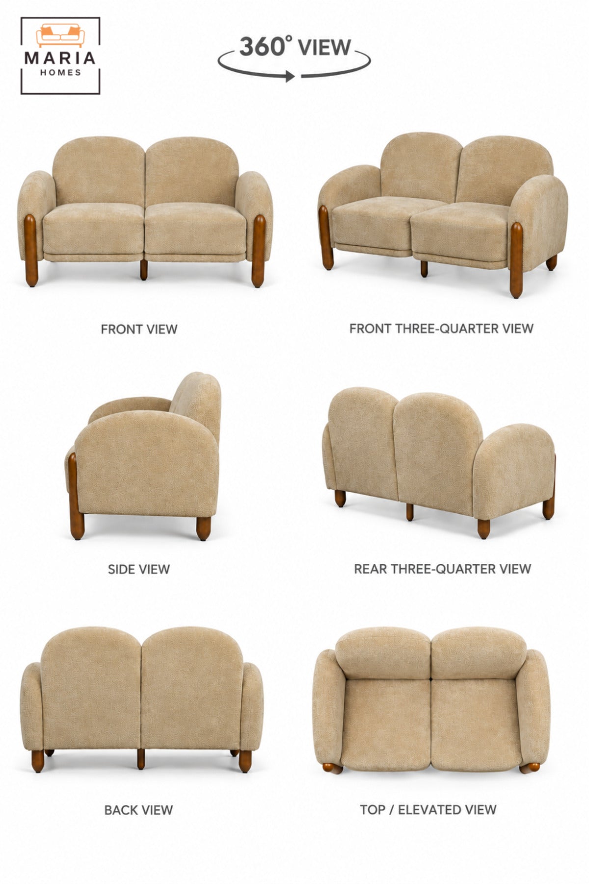 Modern 2 Seater Upholstered Sofa with Curved Armrests, Padded Cushions, Rounded Backrest and Wooden Legs for Living Room, Lounge and Bedroom