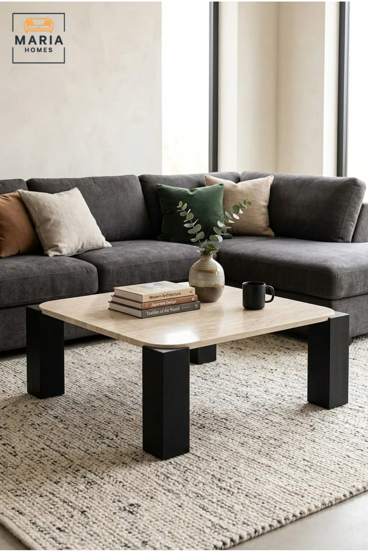Modern Square Coffee Table with Wood-Effect Top and Chunky Four-Leg Base, Contemporary Center Table for Living Room, Lounge, Apartment and Office