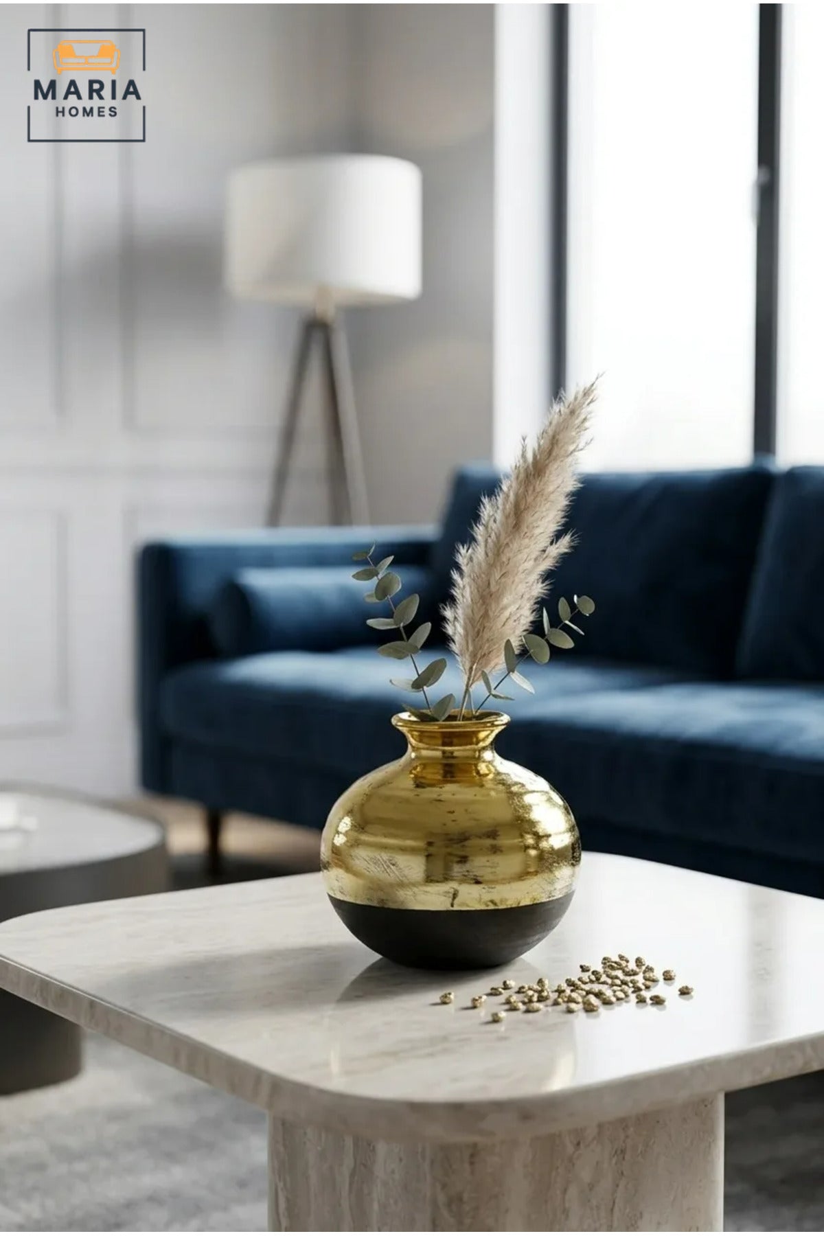 Modern Decorative Flower Vase with Gold-Tone Finish, Rounded Body and Contrasting Base for Living Room, Bedroom, Office, Shelf and Console Décor