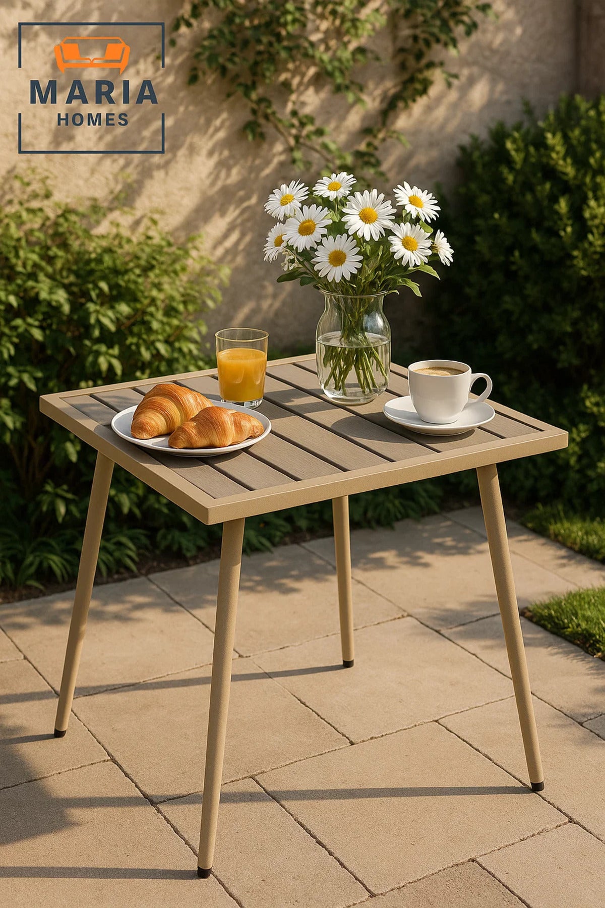 Beige Square Side Table with Slatted Top and Tapered Legs