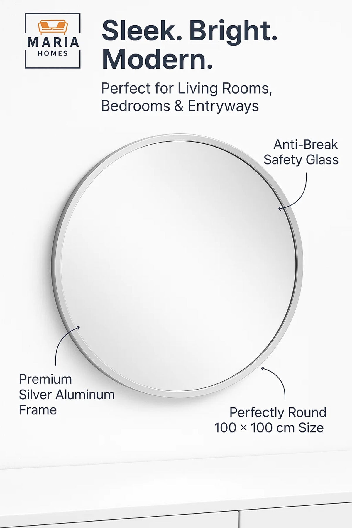 Round Silver Frame Wall Mirror for Bedroom, Bathroom, Vanity & Home D≈Ωcor 100x100 cm