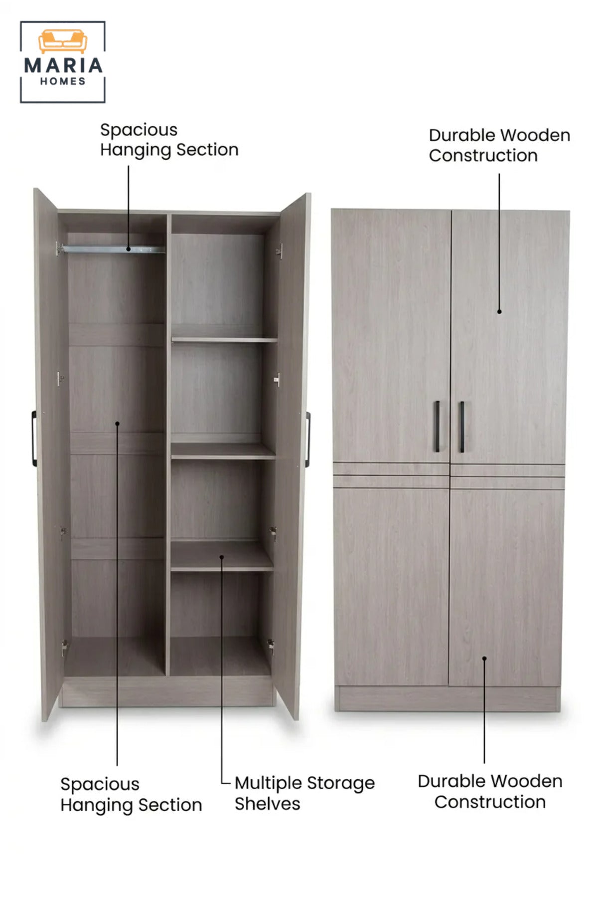 Modern 2-Door Wooden Wardrobe with Hanging Rail and Storage Shelves, Compact Freestanding Closet for Bedroom, Guest Room and Apartment