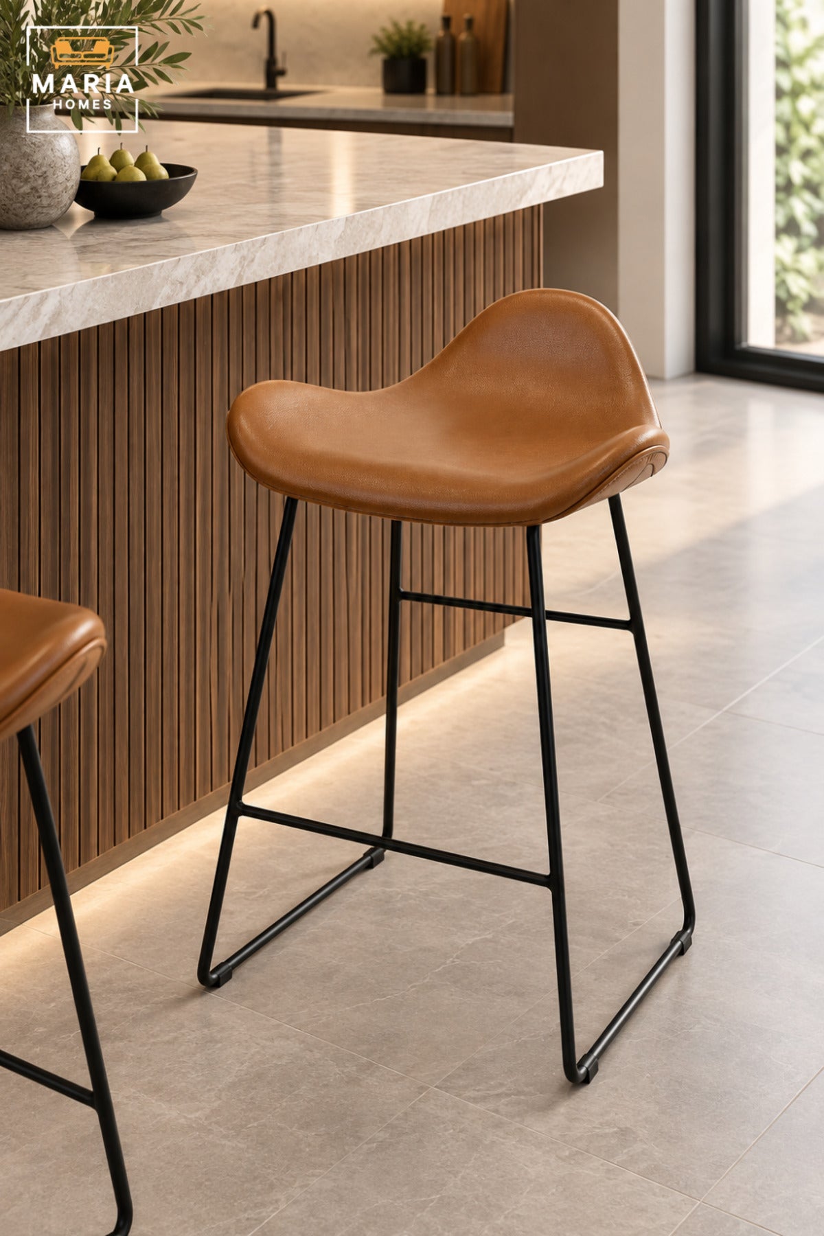 Modern High Bar Chair with Curved Padded Seat, Low Back Support & Slim Black Frame | Orange Upholstered Kitchen Counter and Café Chair 60x47x45 cm