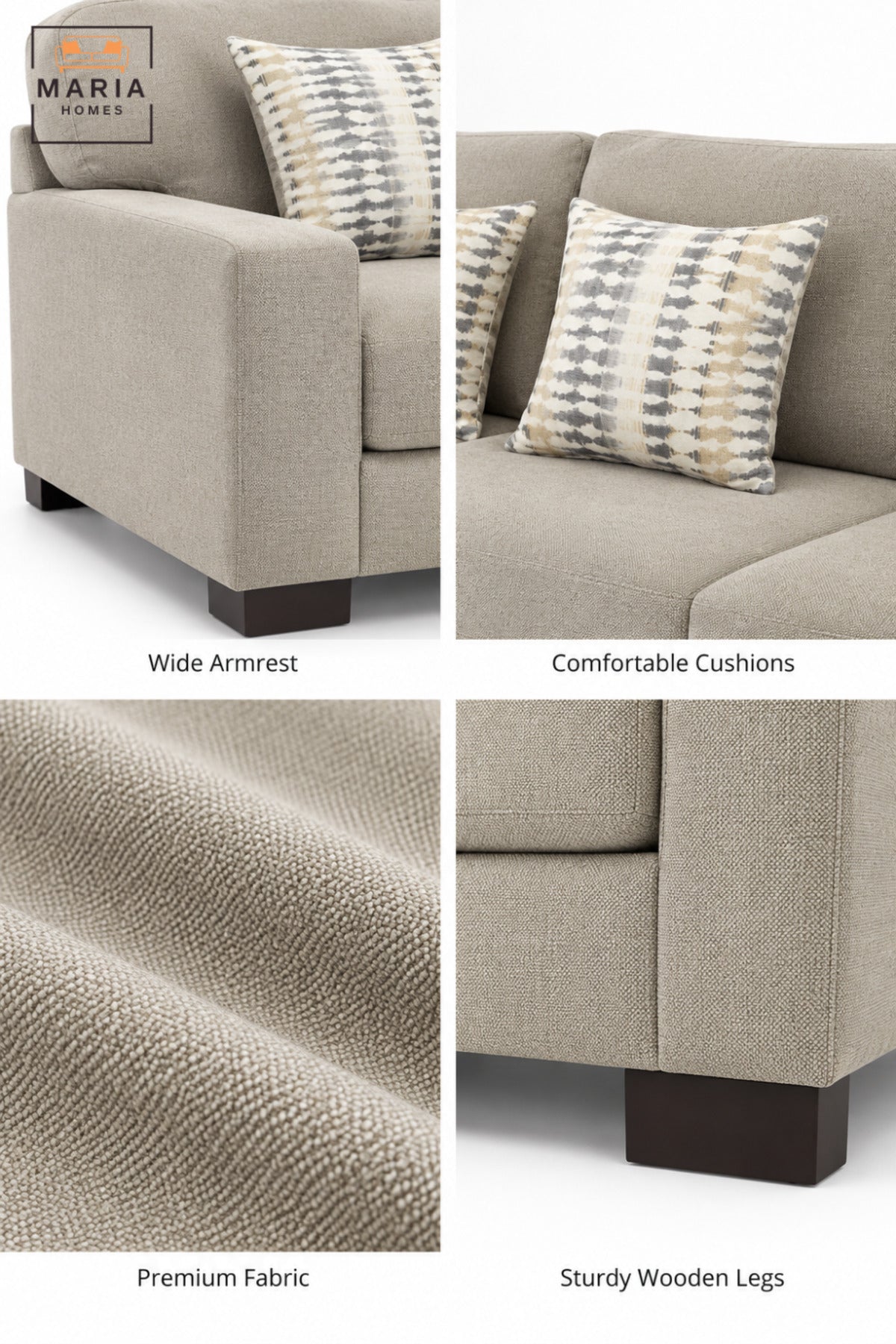 Modern 3 Seater Upholstered Sofa with Deep Cushioned Seats, Supportive Backrest, Wide Armrests & Decorative Pillows for Living Room and Lounge
