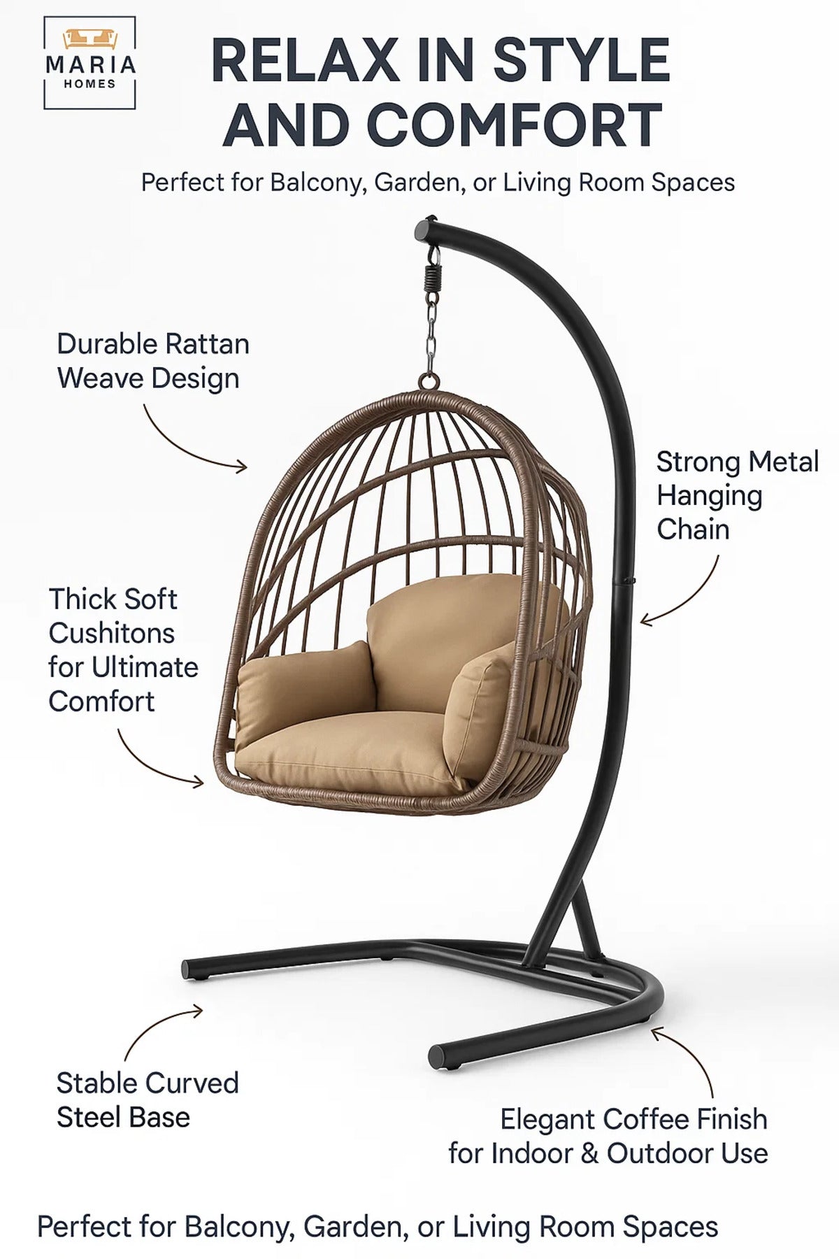 Stylish Rattan Hanging Egg Chair with Stand √ê Indoor Outdoor Swing Chair | Comfortable Cushion Seat