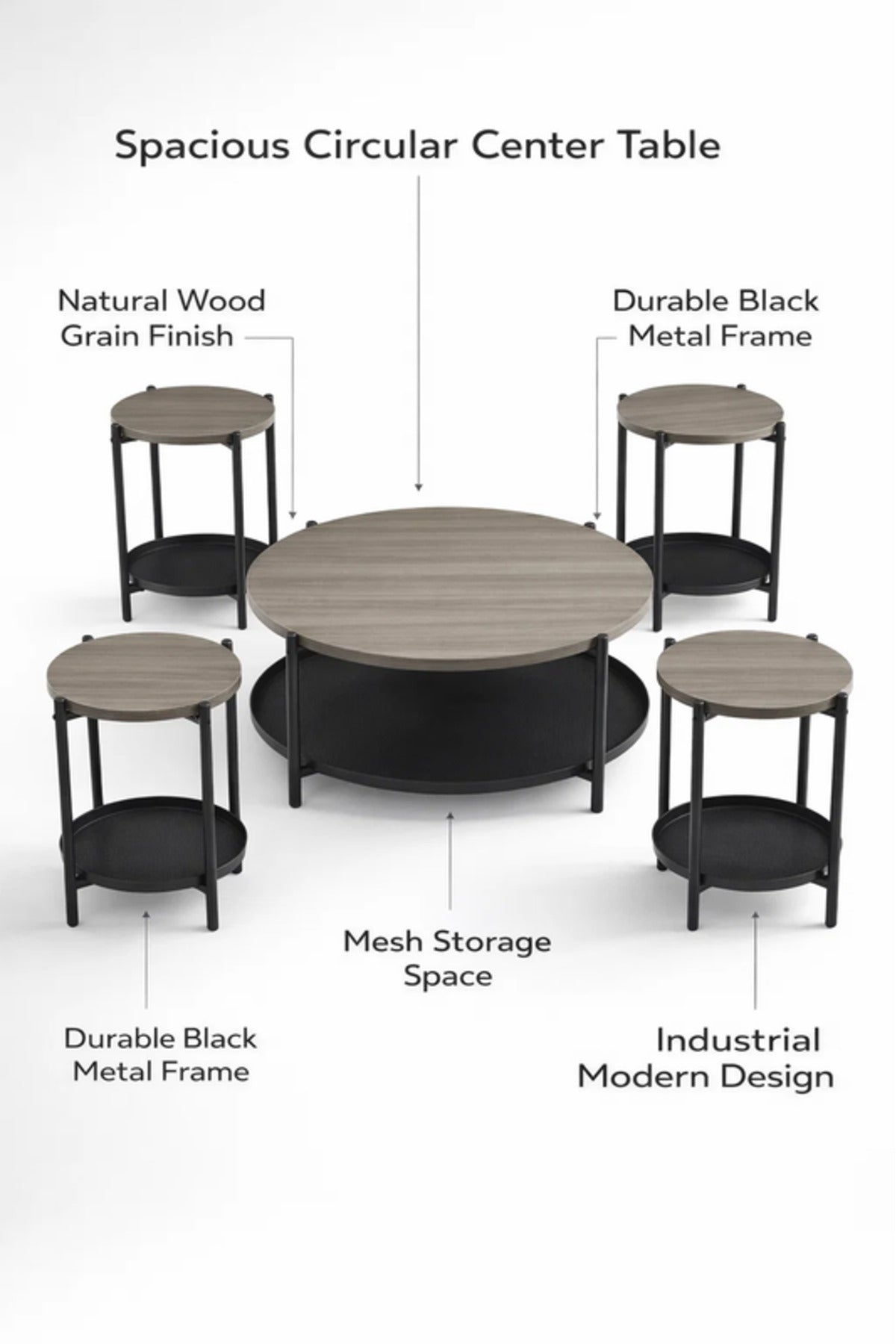 Round Dark Grey Coffee Table Set with 4 Side Tables and Shelf