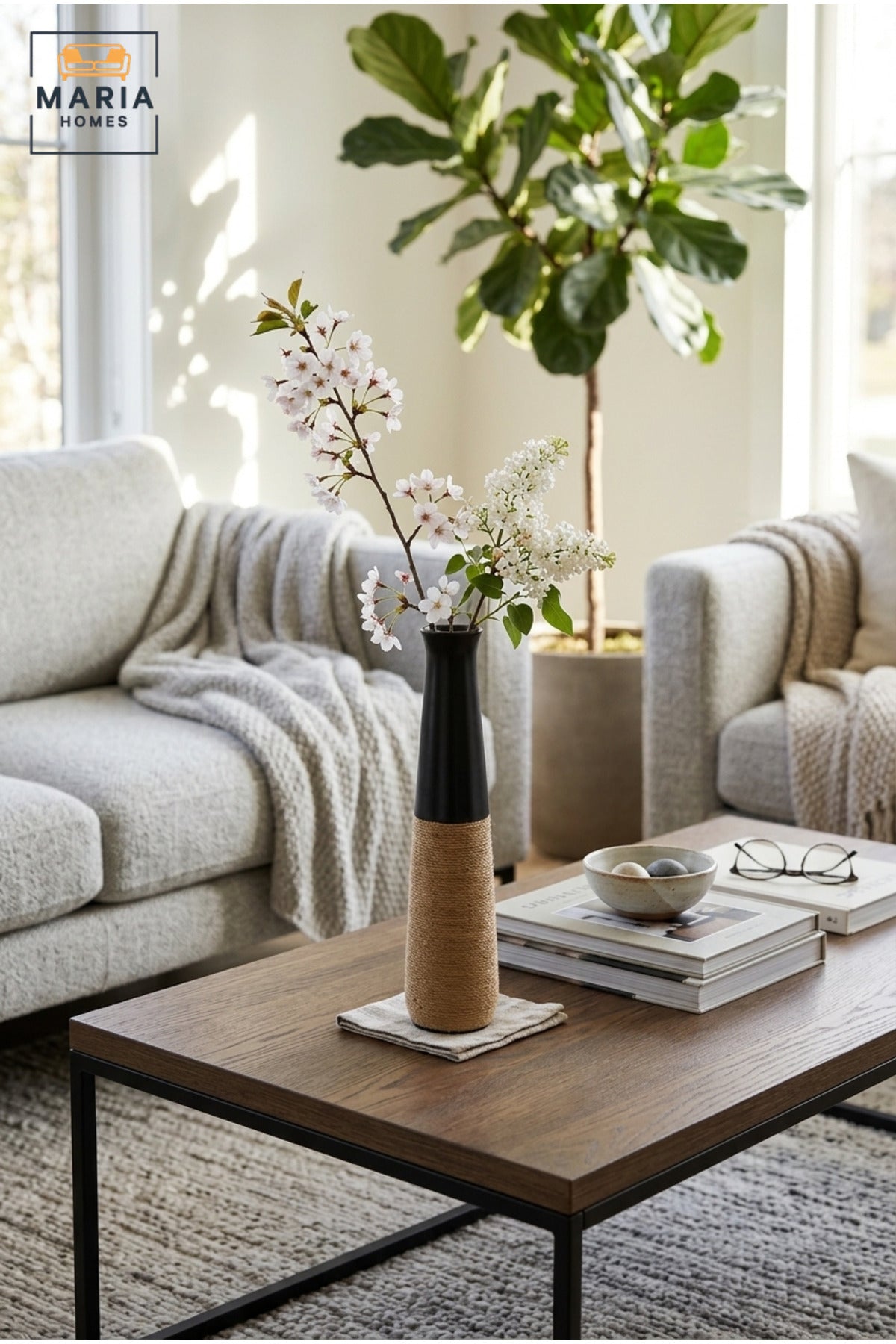 Modern Tall Decorative Flower Vase with Natural Rope Detail and Narrow Neck for Living Room, Bedroom, Office, Floor, Shelf and Console Table Décor